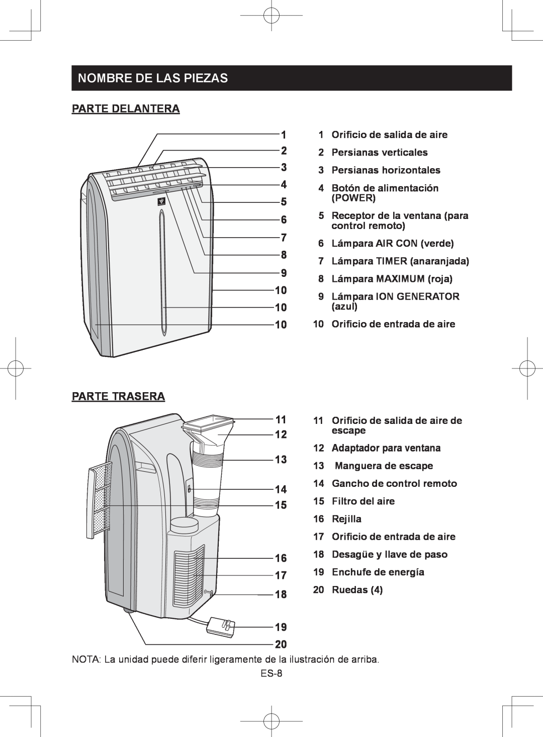 Sharp CV-2P10SC operation manual Nombre De Las Piezas, PARTE DELANTERA 1 2 3 4 5 6, Parte Trasera 