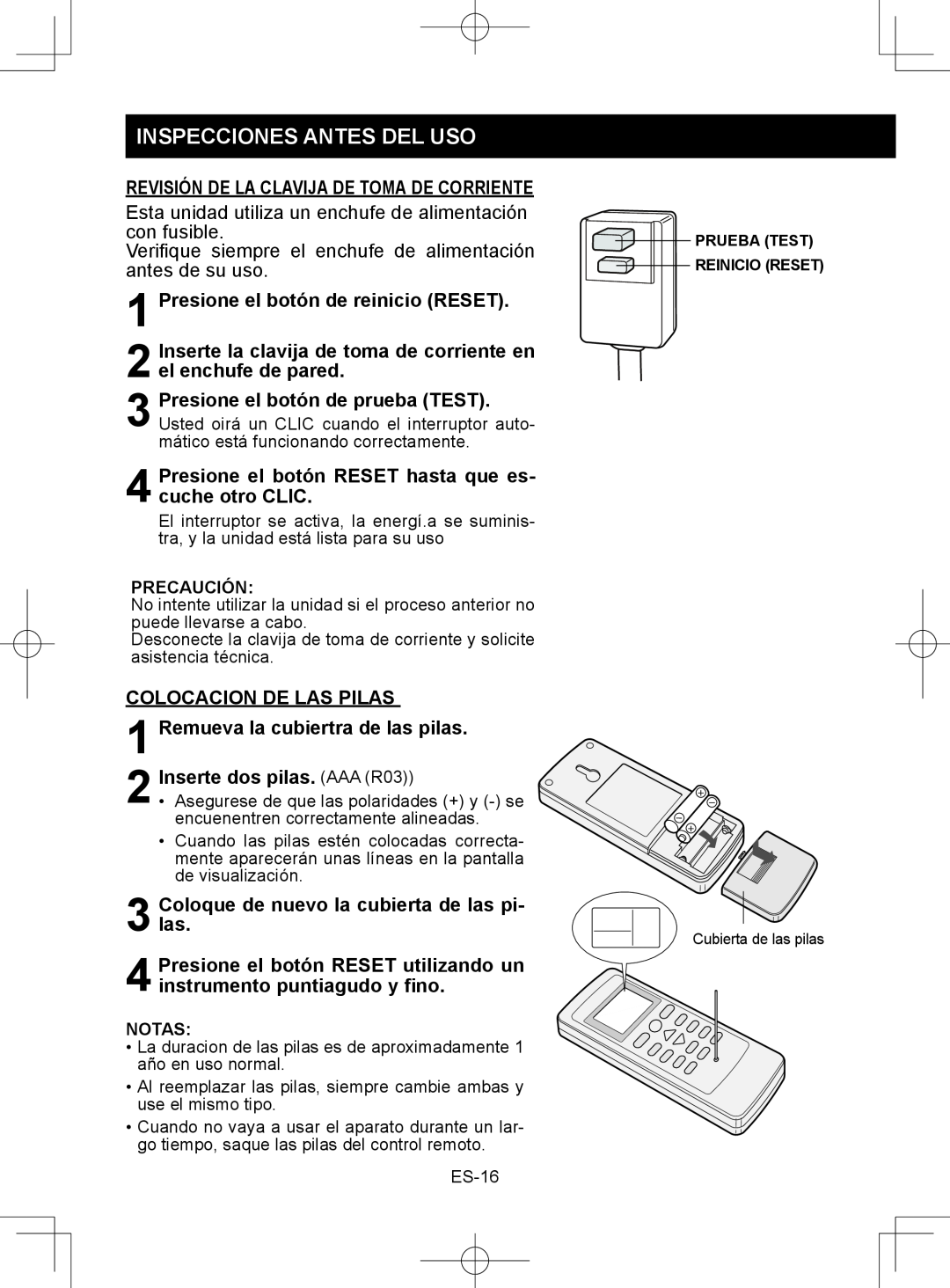 Sharp CV-2P10SC operation manual Inspecciones Antes Del Uso, Presione el botón de reinicio RESET, Colocacion De Las Pilas 