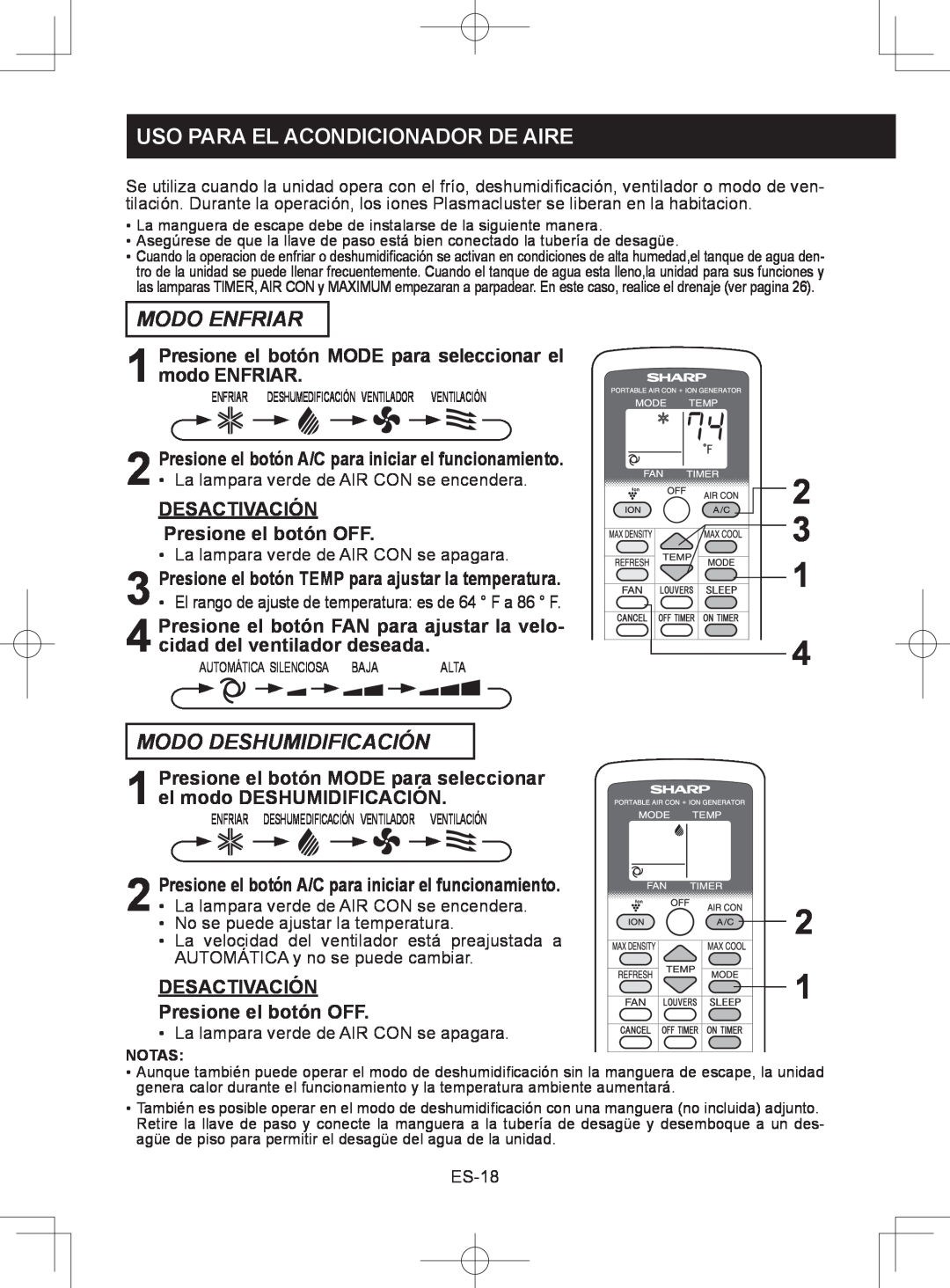 Sharp CV-2P10SC operation manual 2 3, Uso Para El Acondicionador De Aire, Modo Enfriar, Modo Deshumidificación 
