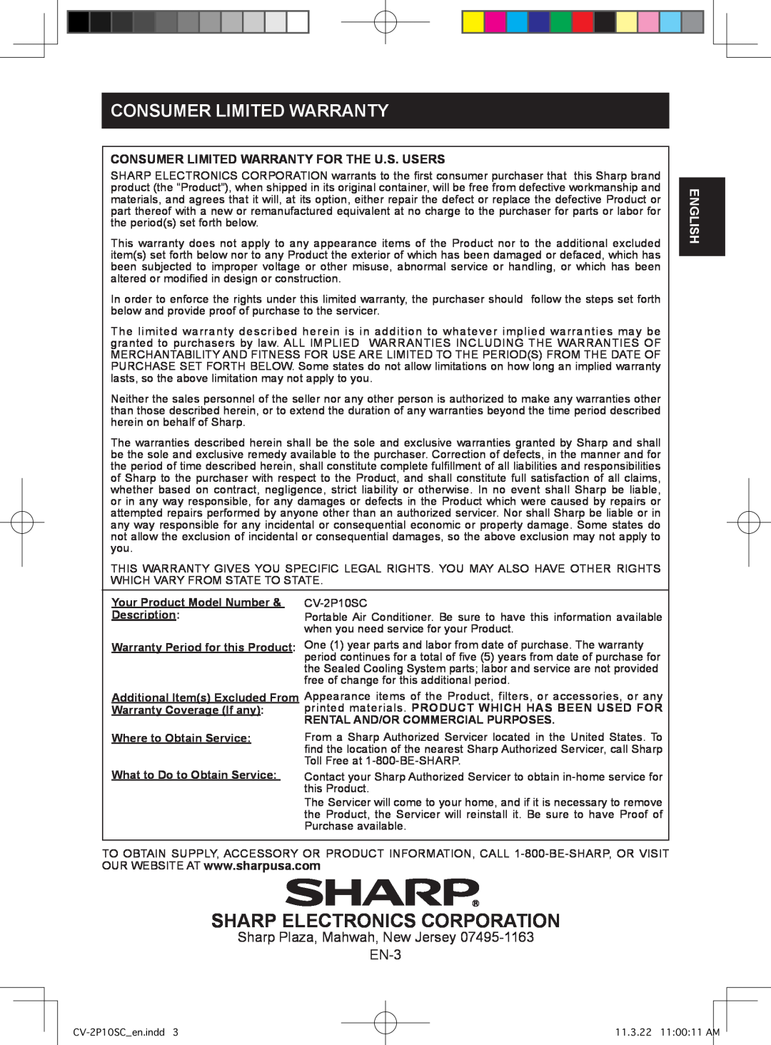 Sharp CV-2P10SC operation manual Sharp Electronics Corporation, Consumer Limited Warranty, English 