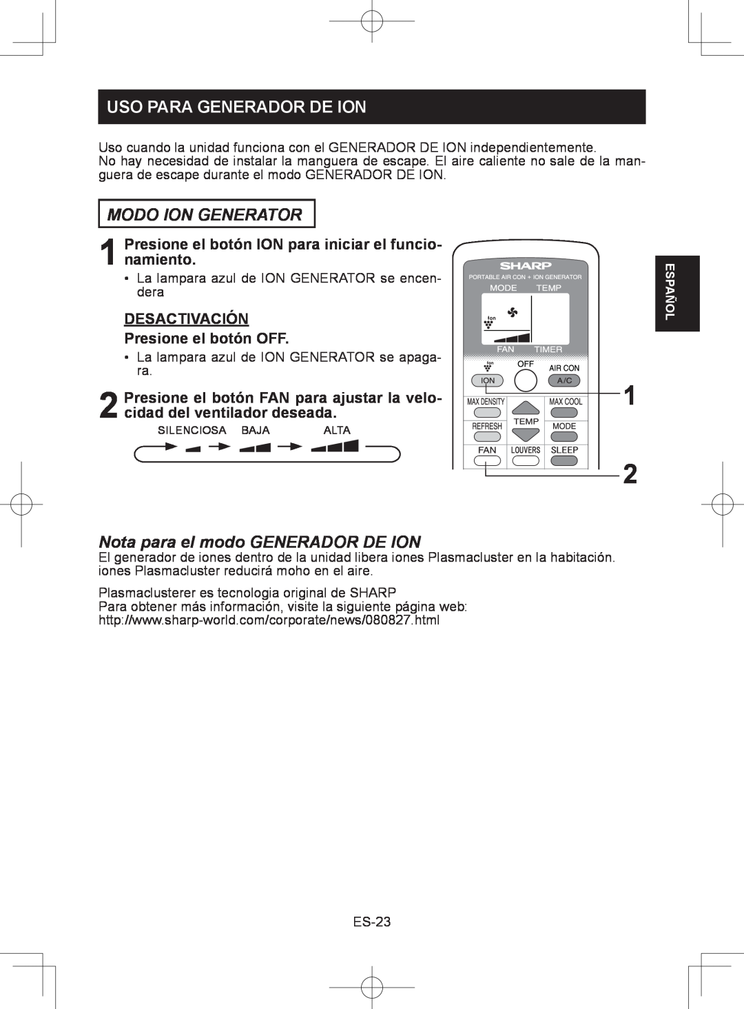 Sharp CV-2P10SC operation manual Uso Para Generador De Ion, Modo Ion Generator, Nota para el modo GENERADOR DE ION 