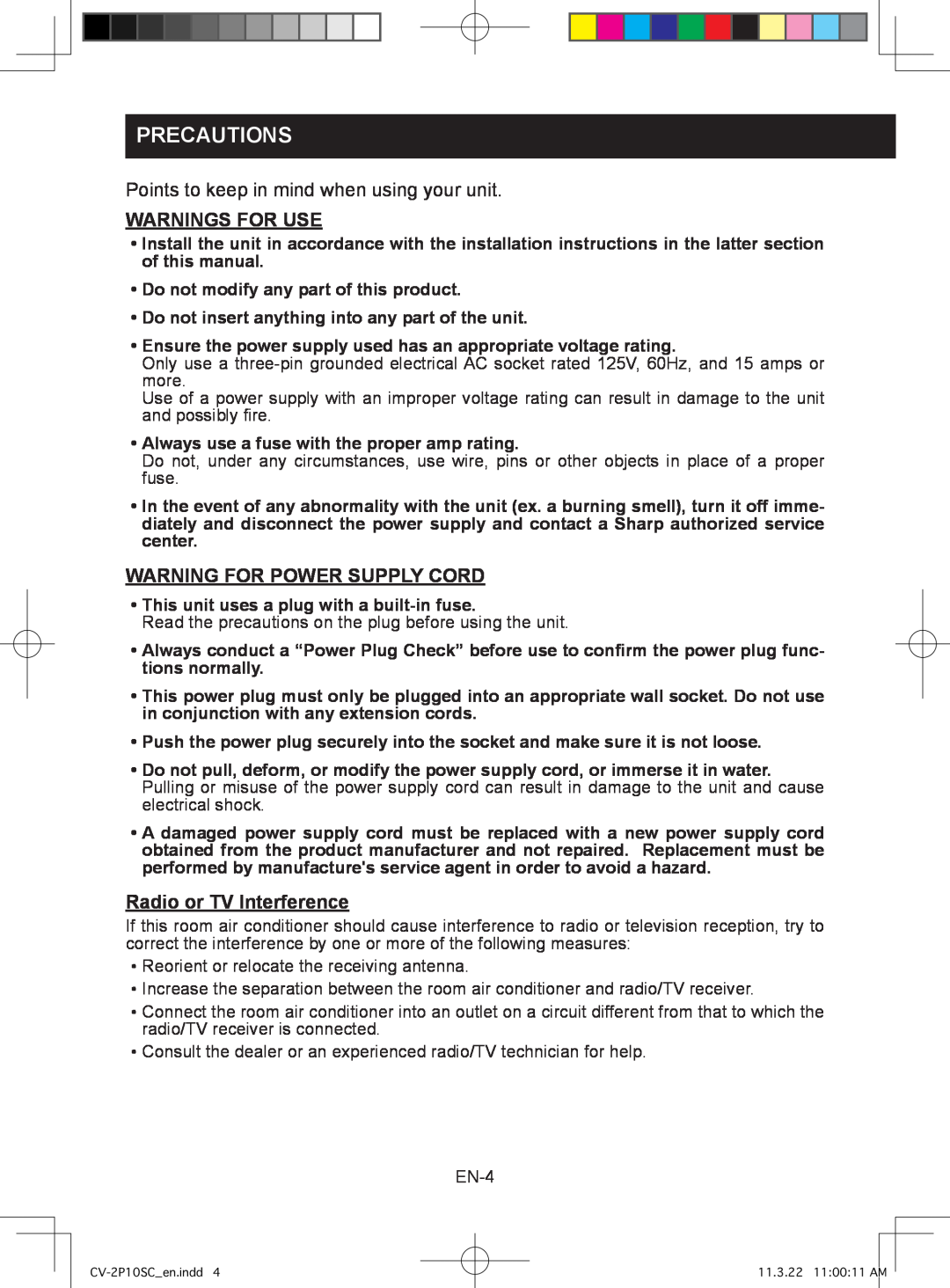 Sharp CV-2P10SC operation manual Precautions, Warnings For Use, Warning For Power Supply Cord, Radio or TV Interference 