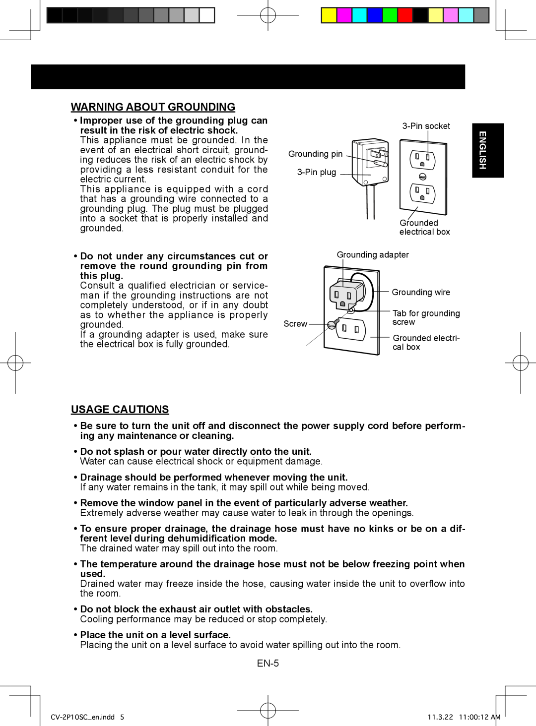 Sharp CV-2P10SC operation manual Warning About Grounding, Usage Cautions 