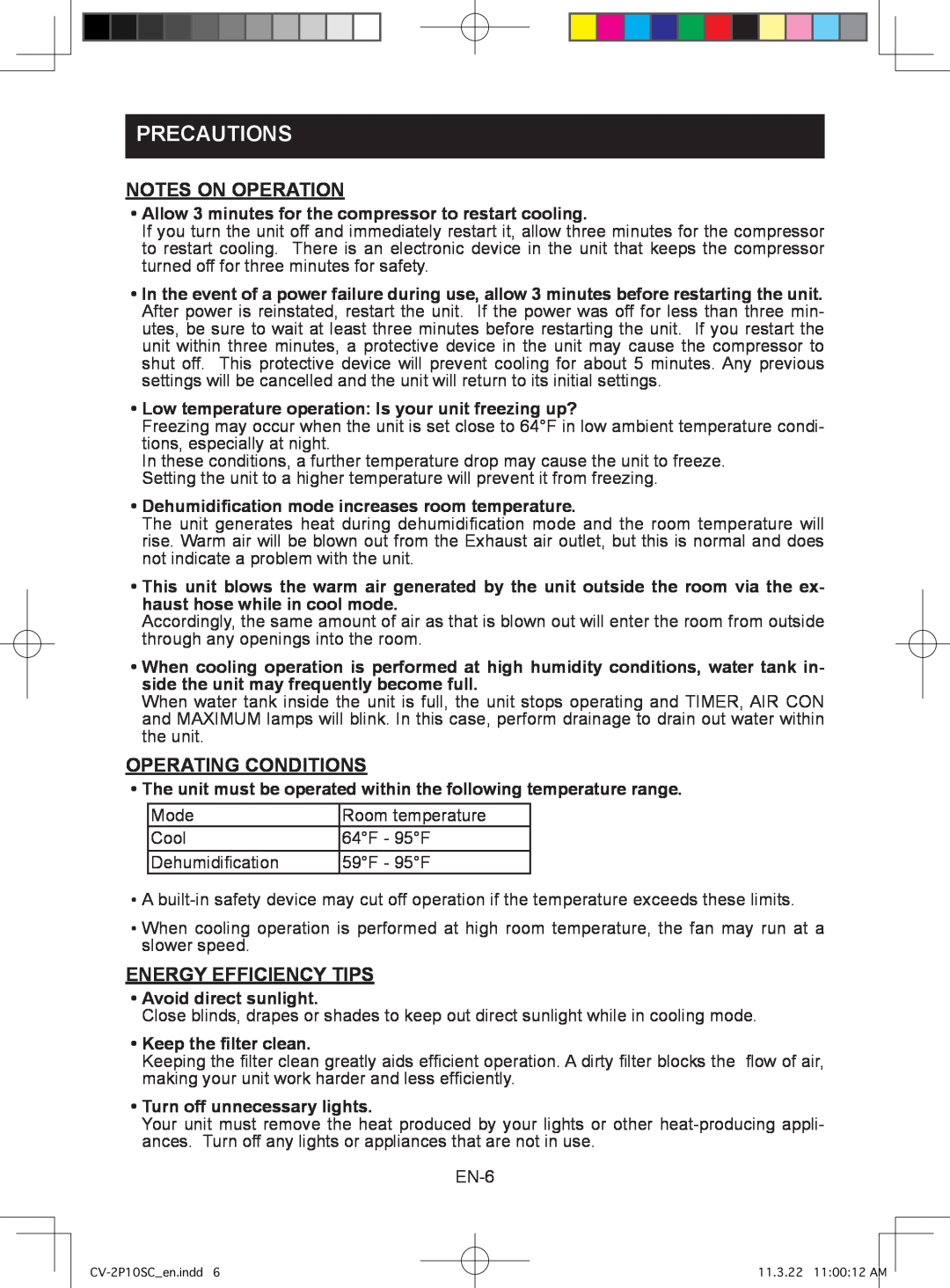 Sharp CV-2P10SC operation manual Notes On Operation, Operating Conditions, Energy Efficiency Tips, Precautions 