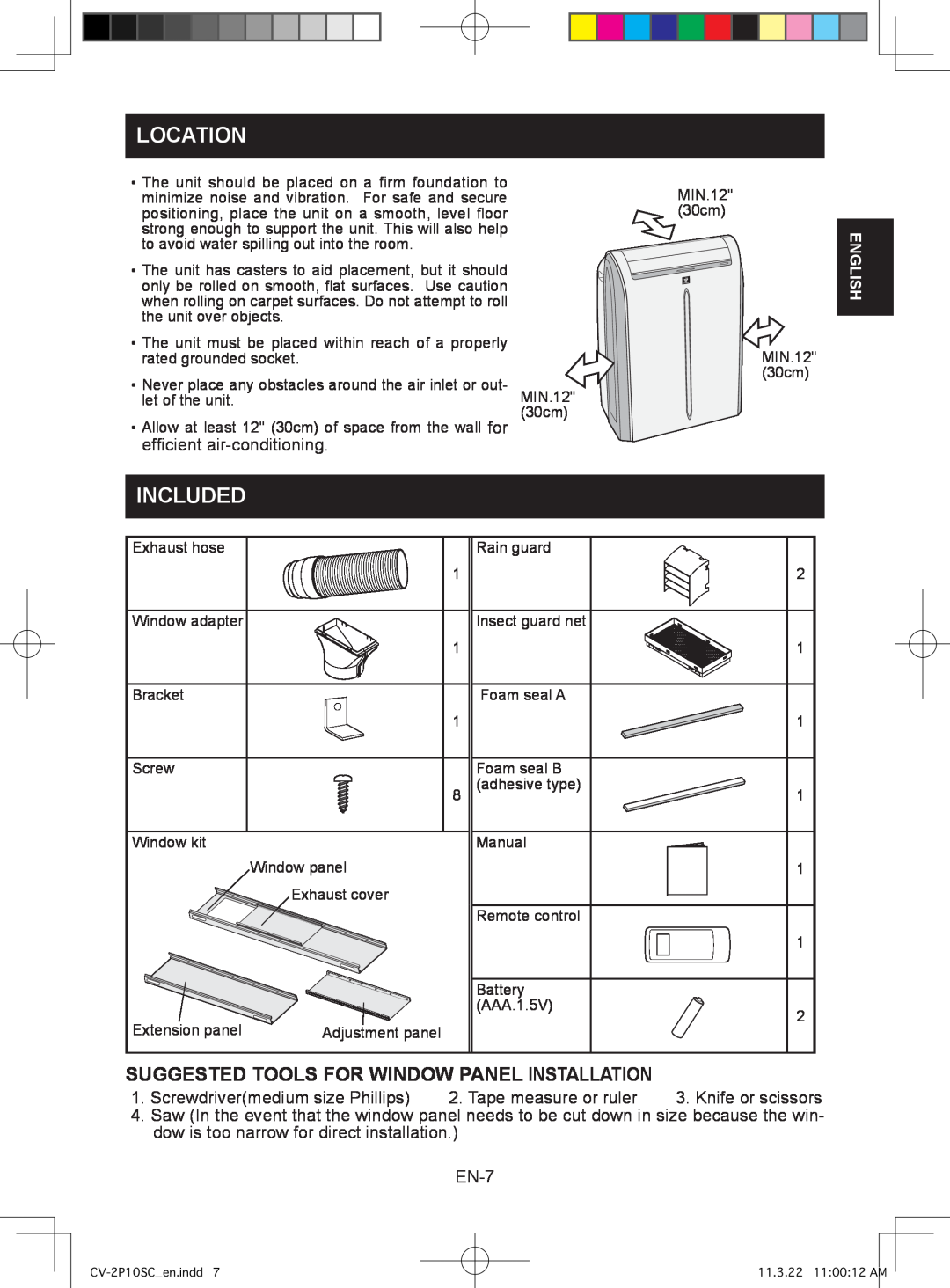 Sharp CV-2P10SC operation manual Location, Included, Suggested Tools For Window Panel Installation 