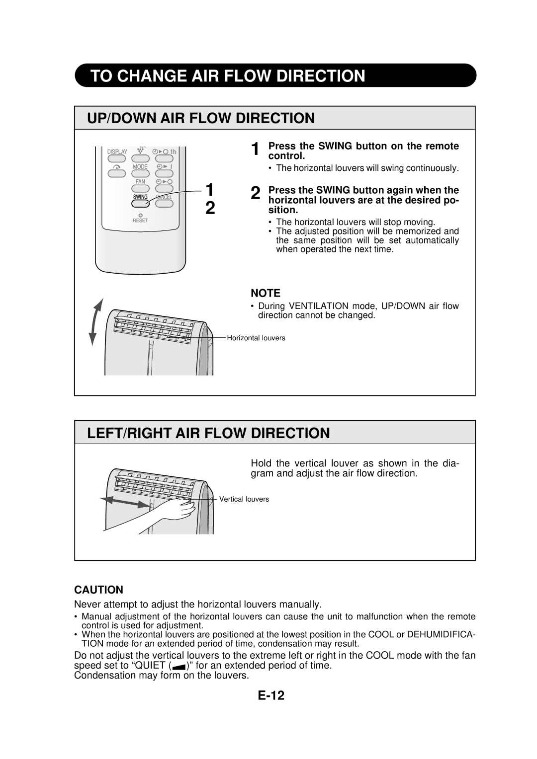 Sharp CV-P09FR operation manual To Change AIR Flow Direction, UP/DOWN AIR Flow Direction, LEFT/RIGHT AIR Flow Direction 