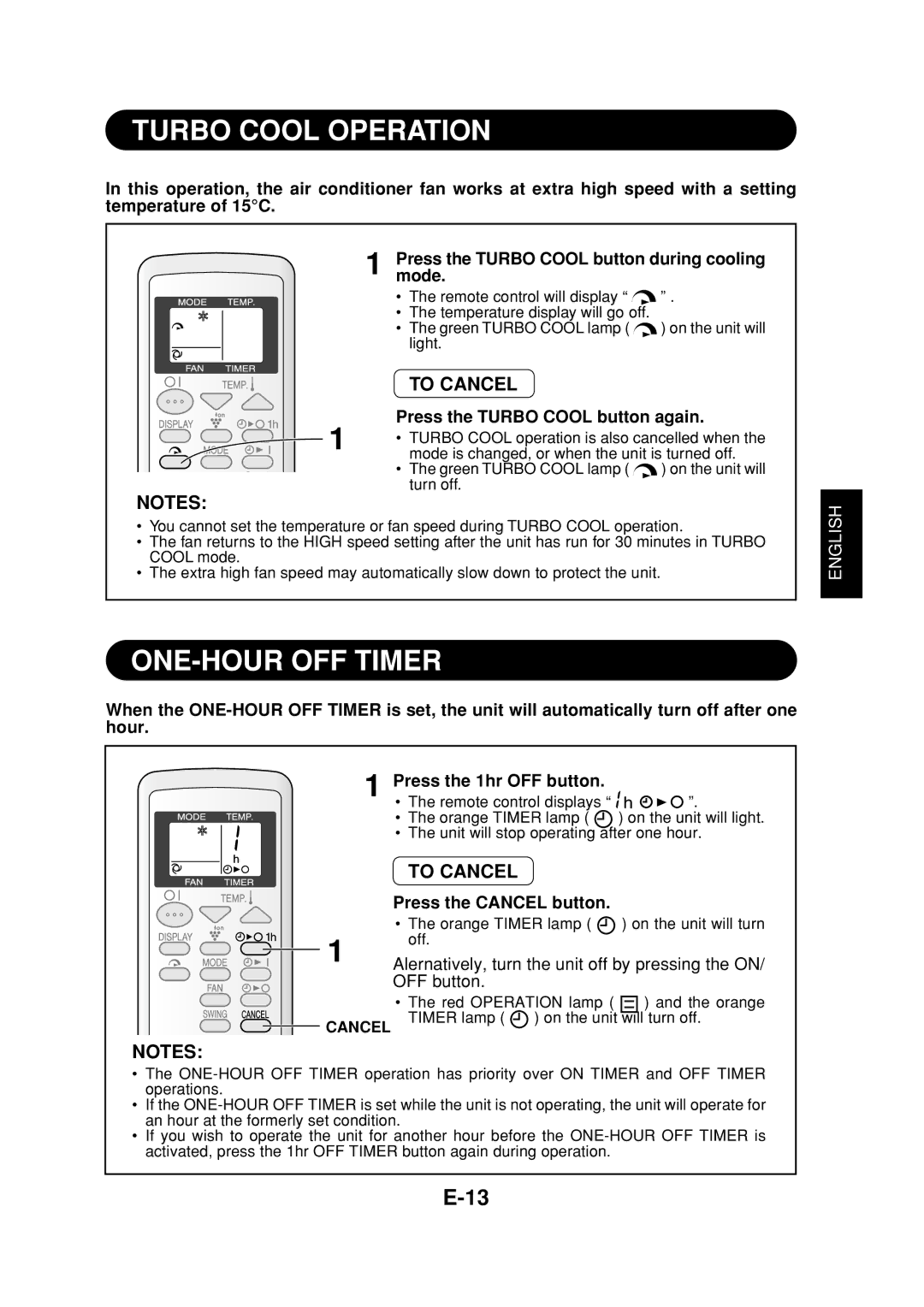 Sharp CV-P09FR Turbo Cool Operation, ONE-HOUR OFF Timer, Press the Turbo Cool button again, Press the Cancel button 