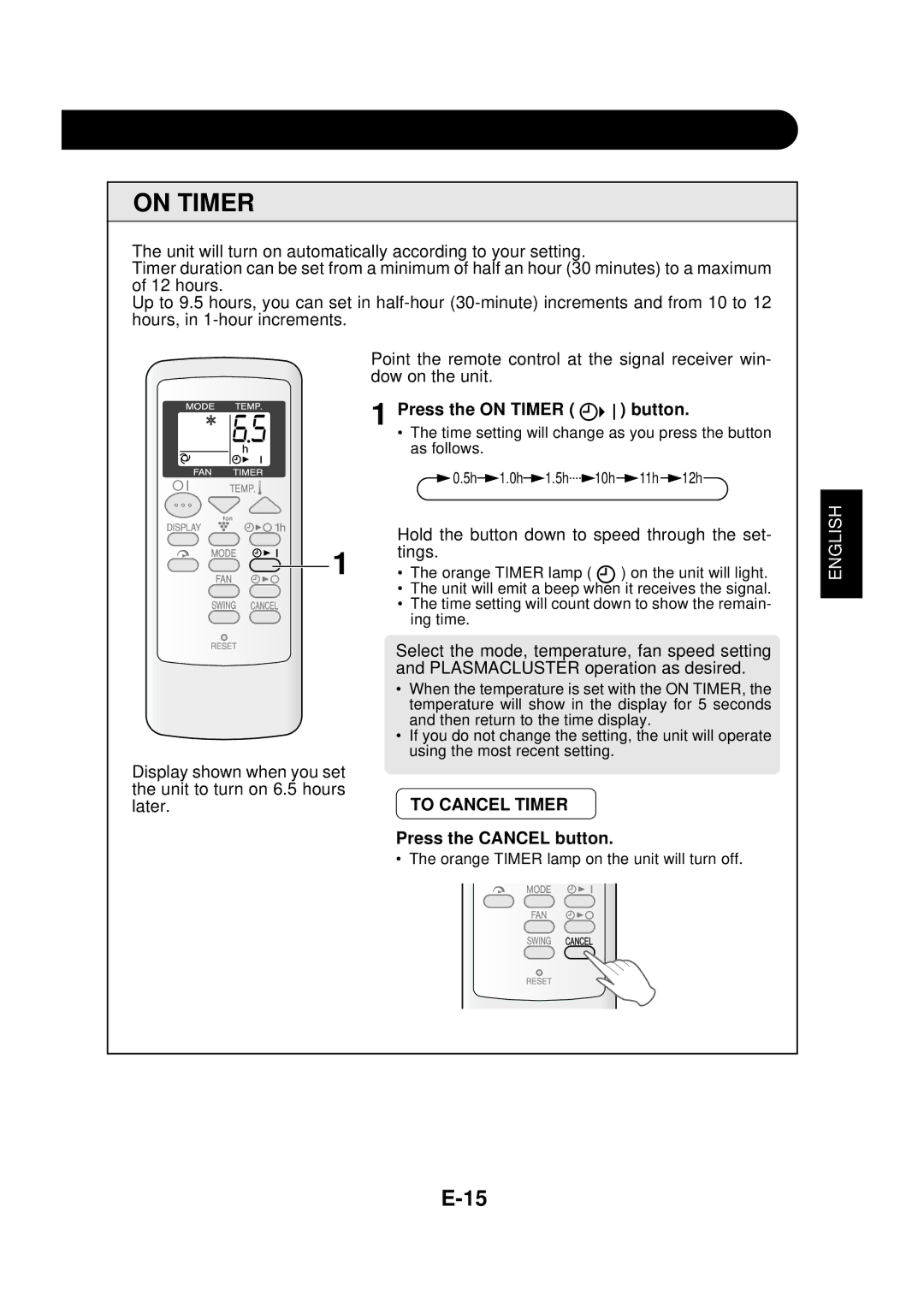 Sharp CV-P09FR operation manual On Timer, Press the on Timer button 