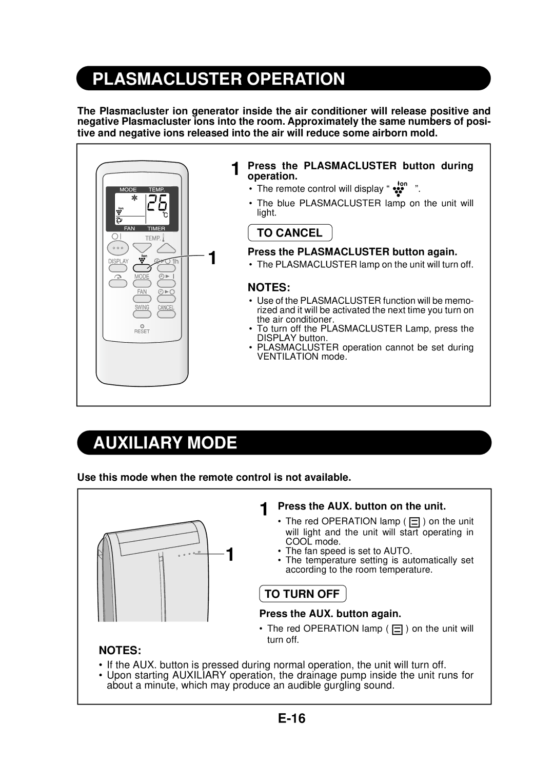 Sharp CV-P09FR Plasmacluster Operation, Auxiliary Mode, Press the Plasmacluster button again, Press the AUX. button again 