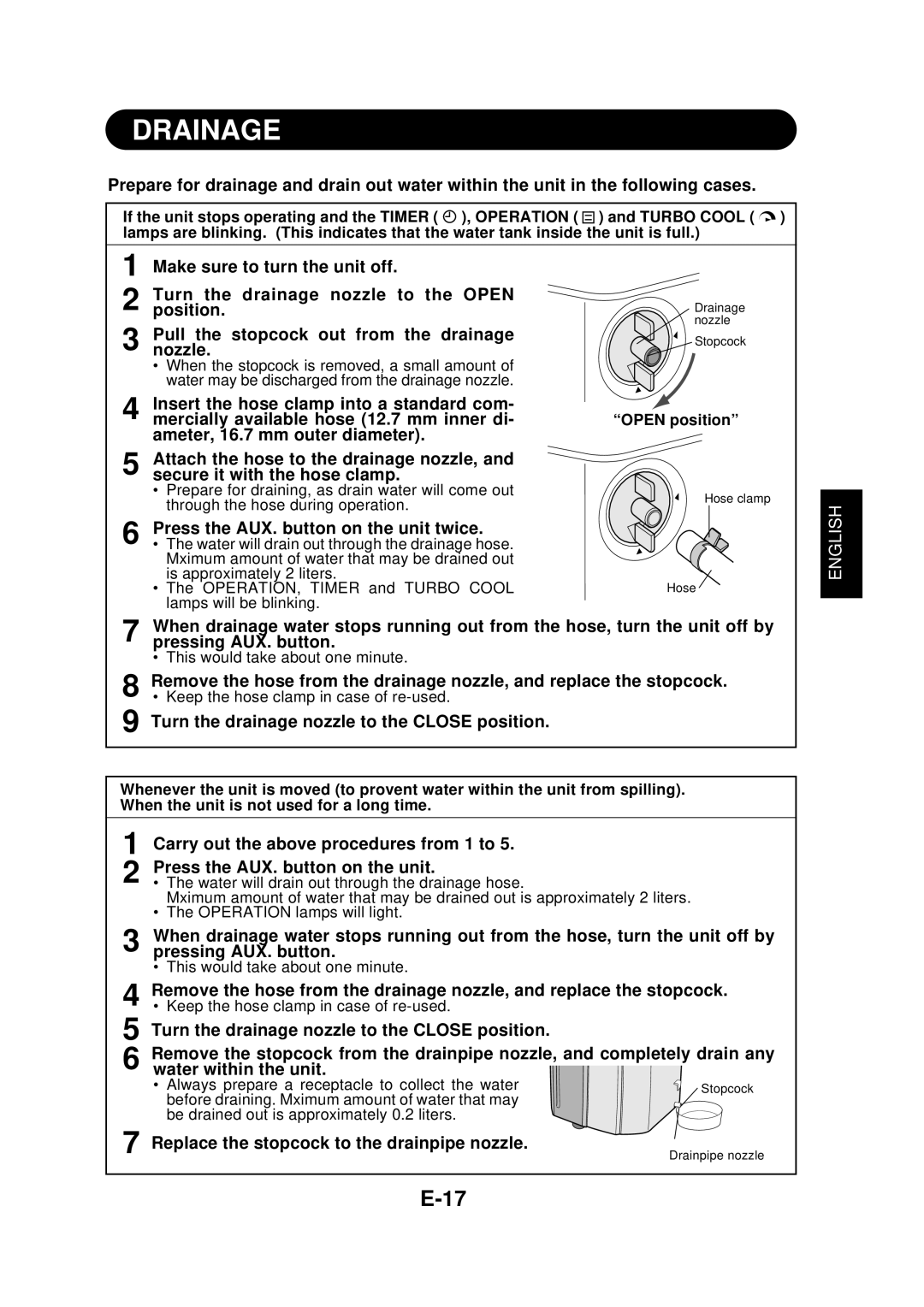 Sharp CV-P09FR Drainage, Press the AUX. button on the unit twice, Turn the drainage nozzle to the Close position 