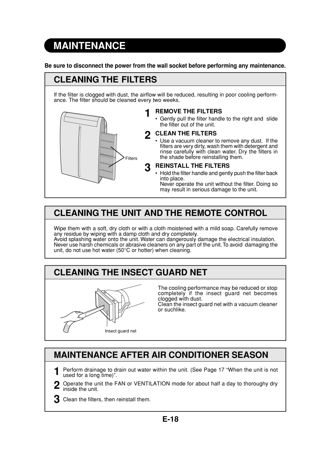 Sharp CV-P09FR Maintenance, Cleaning the Filters, Cleaning the Unit and the Remote Control, Cleaning the Insect Guard NET 