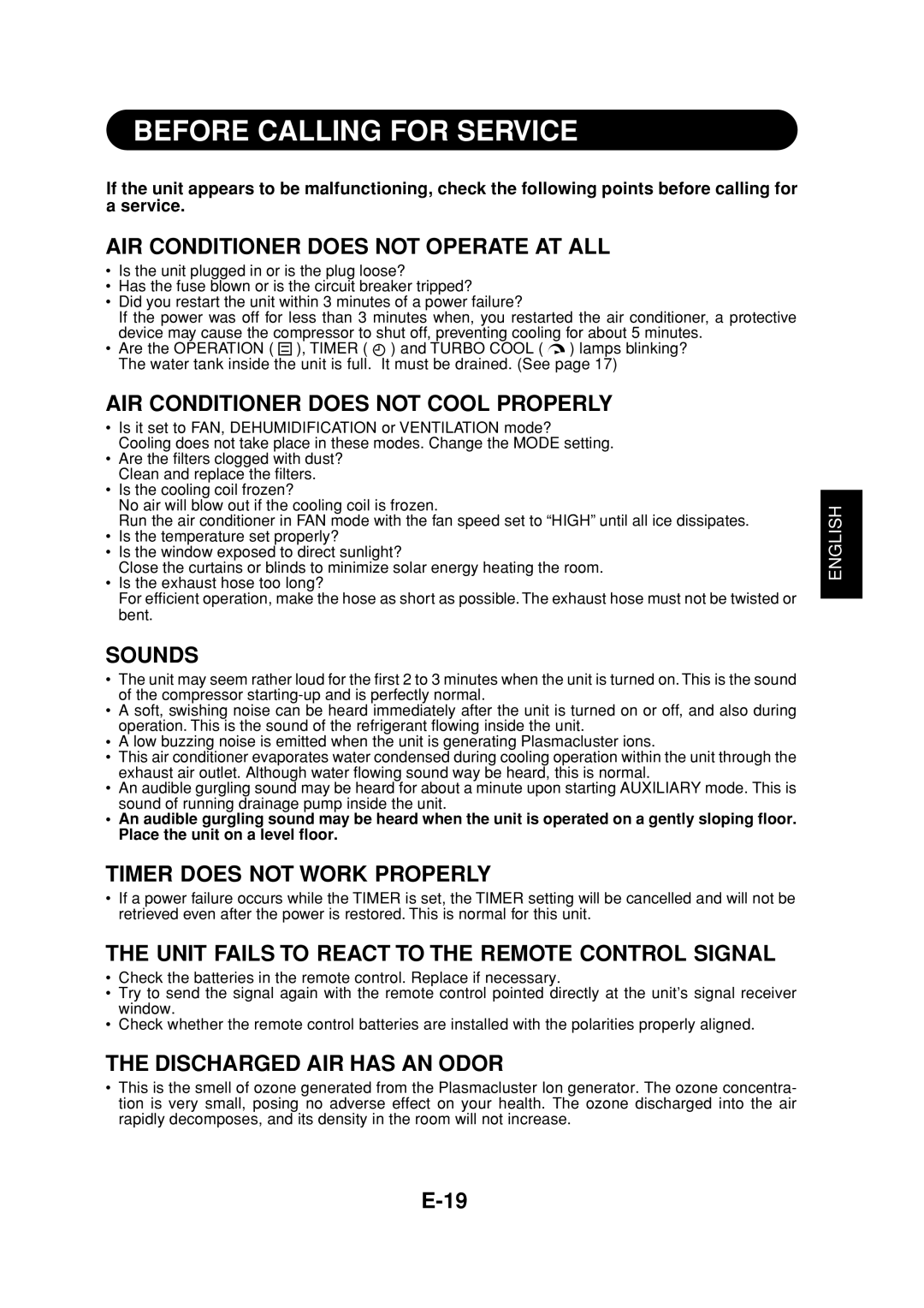 Sharp CV-P09FR operation manual Before Calling for Service, AIR Conditioner does not Operate AT ALL 