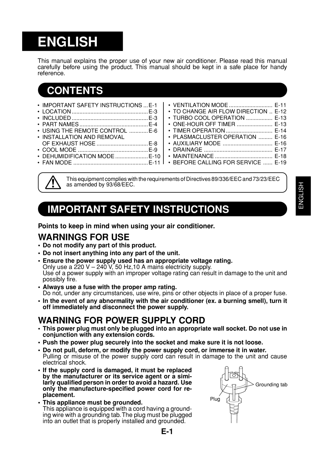 Sharp CV-P09FR operation manual Contents, Important Safety Instructions 