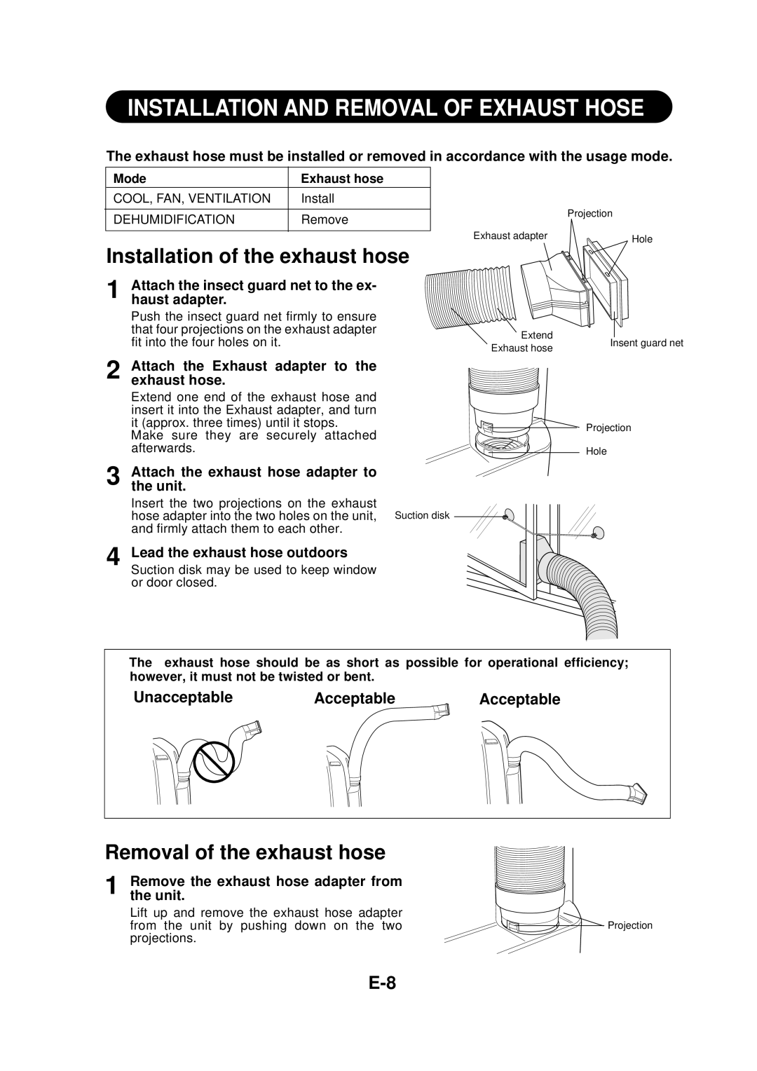 Sharp CV-P09FR Installation And Removal Of Exhaust Hose, Installation of the exhaust hose, Removal of the exhaust hose 