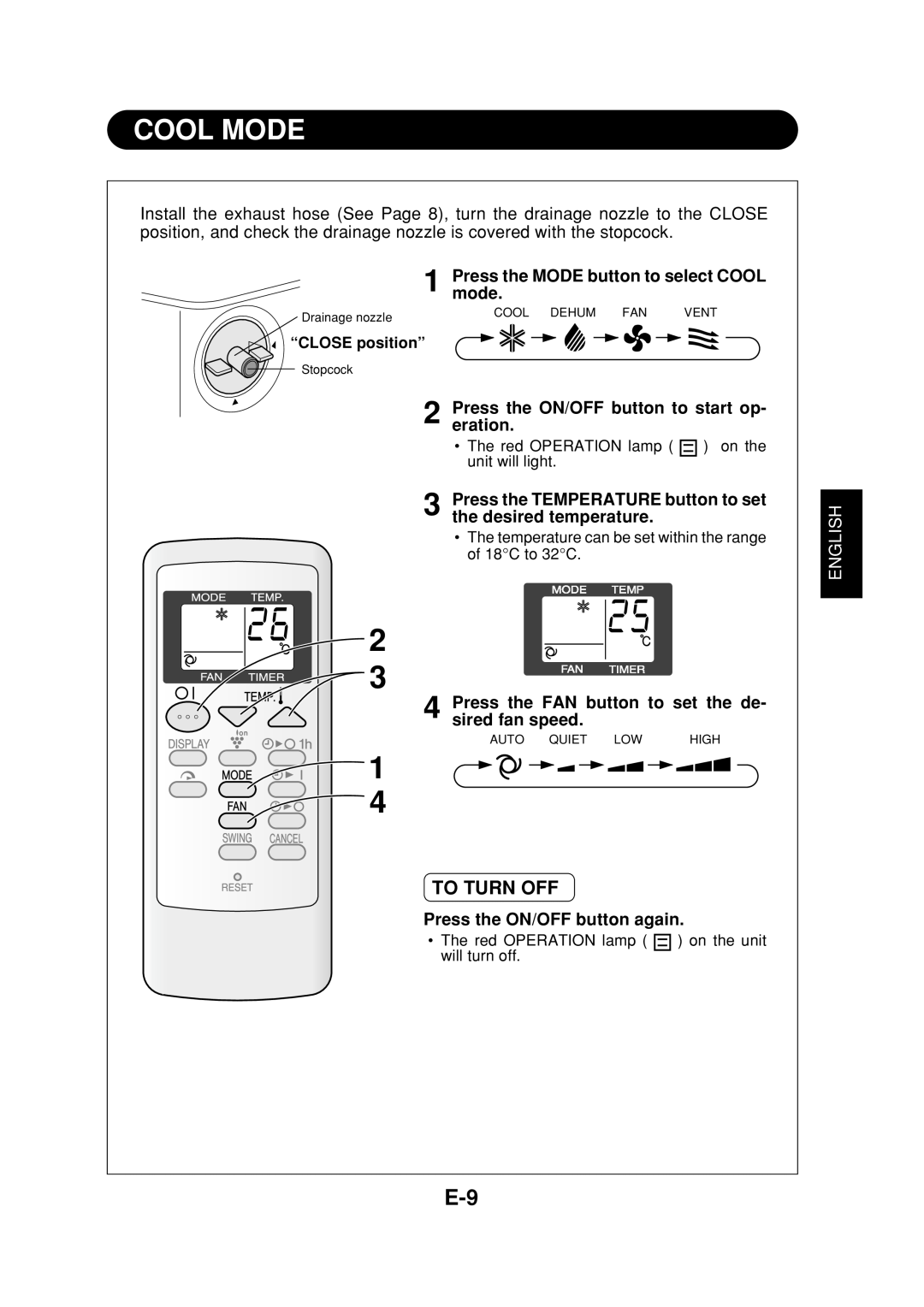Sharp CV-P09FR operation manual Cool Mode, To Turn Off, English 