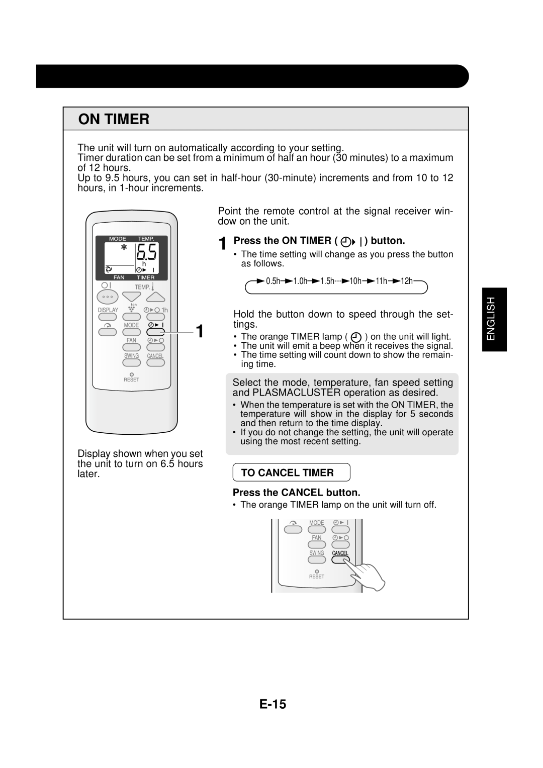 Sharp CV-P09FR operation manual On Timer, E-15, English 