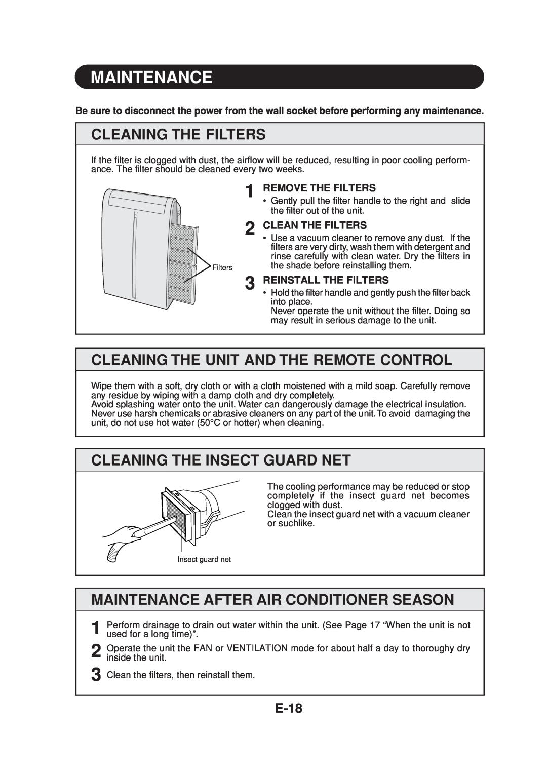 Sharp CV-P09FR Maintenance, Cleaning The Filters, Cleaning The Unit And The Remote Control, Cleaning The Insect Guard Net 