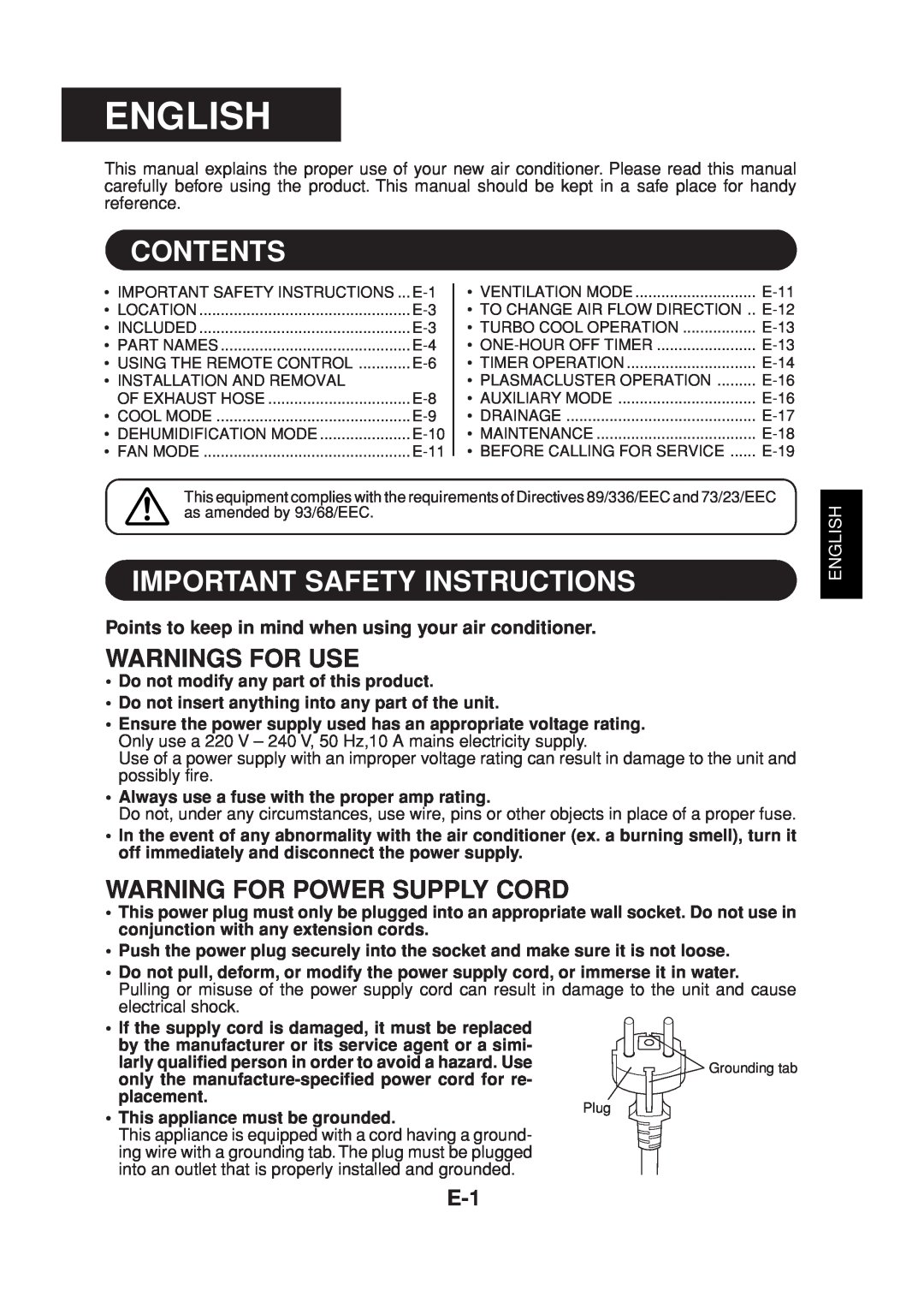 Sharp CV-P09FR Contents, Important Safety Instructions, Warnings For Use, Warning For Power Supply Cord, English 