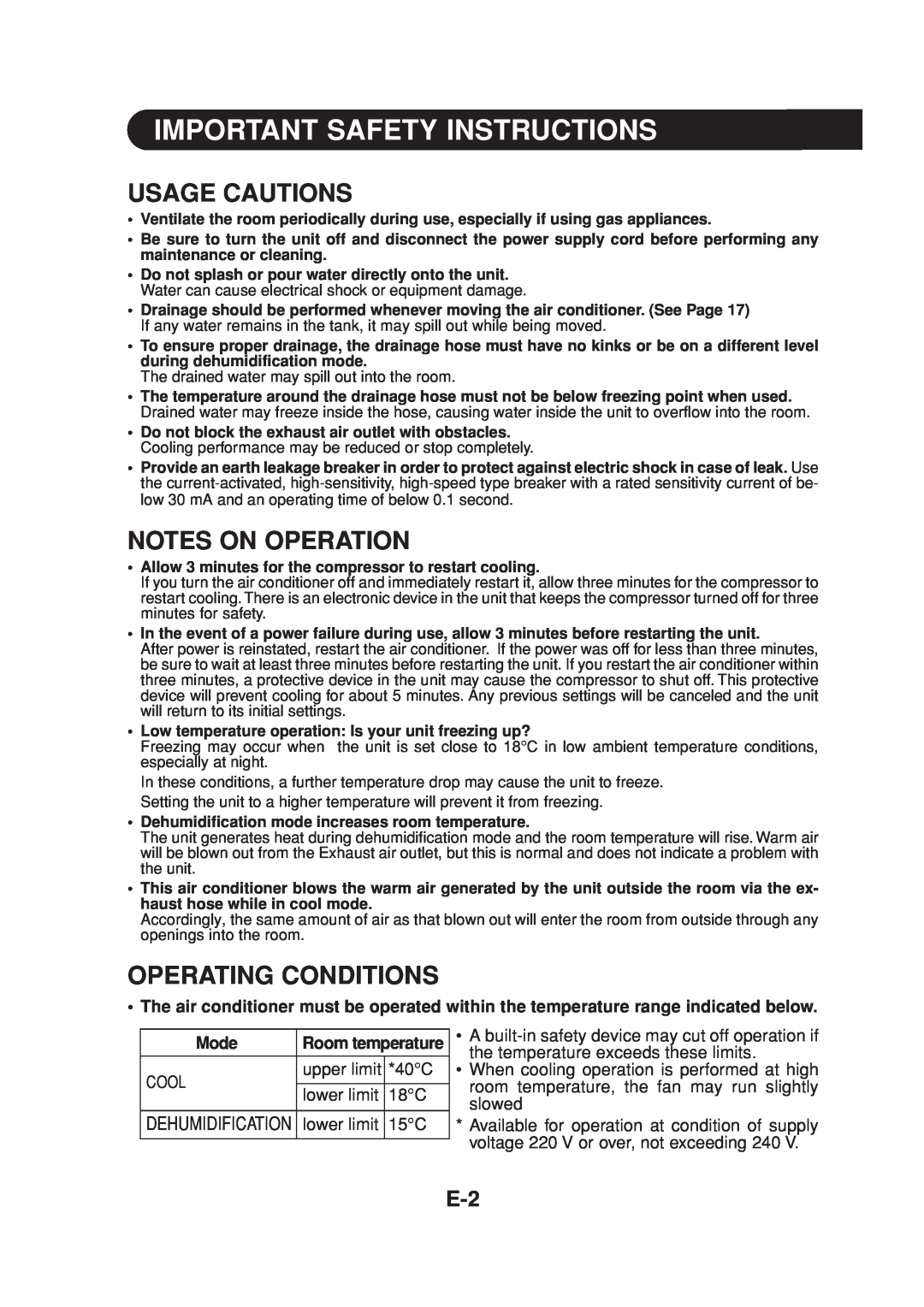 Sharp CV-P09FR operation manual Usage Cautions, Notes On Operation, Operating Conditions, Important Safety Instructions 