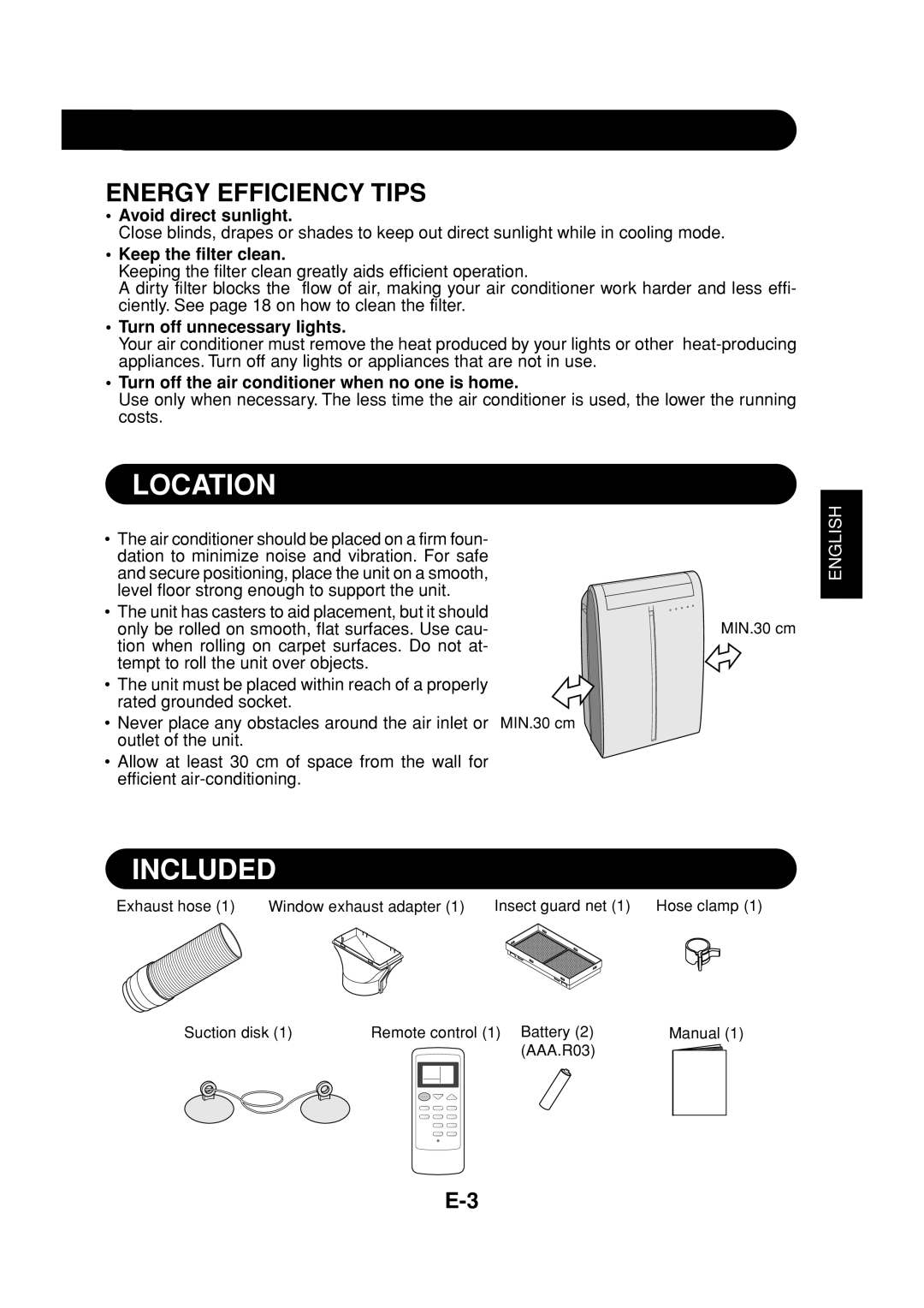 Sharp CV-P09FR operation manual Location, Included, Energy Efficiency Tips, English 