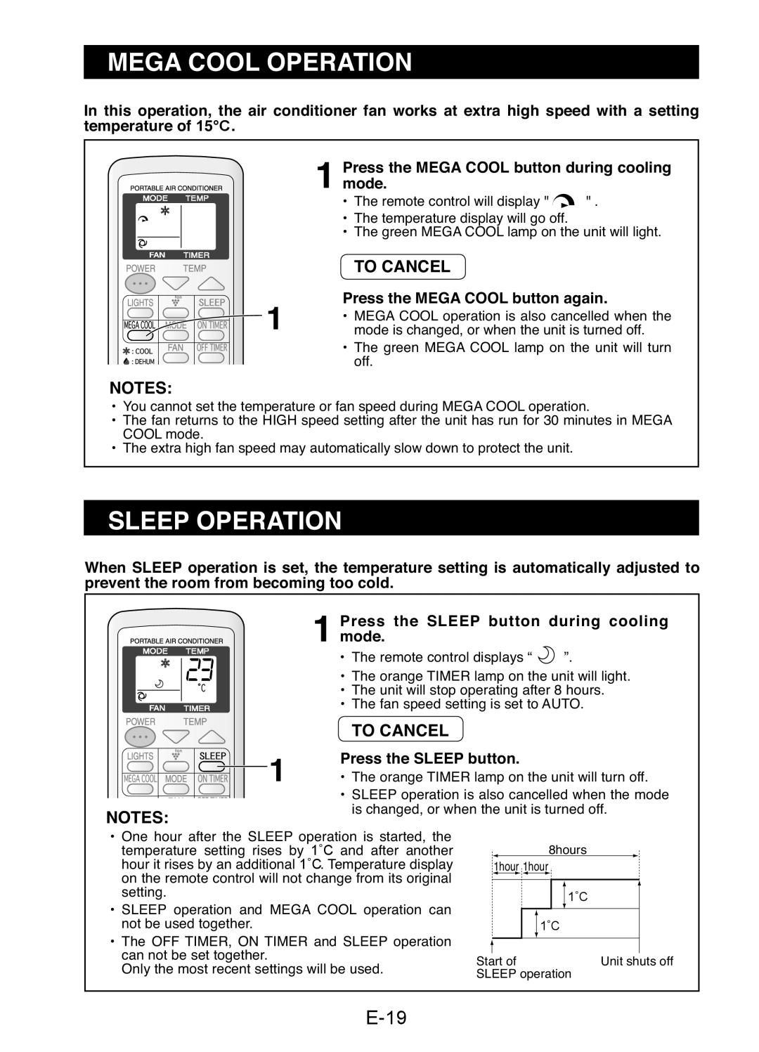 Sharp CV-P13LJ Mega Cool Operation, Sleep Operation, E-19, To Cancel, 1Press the MEGA COOL button during cooling mode 