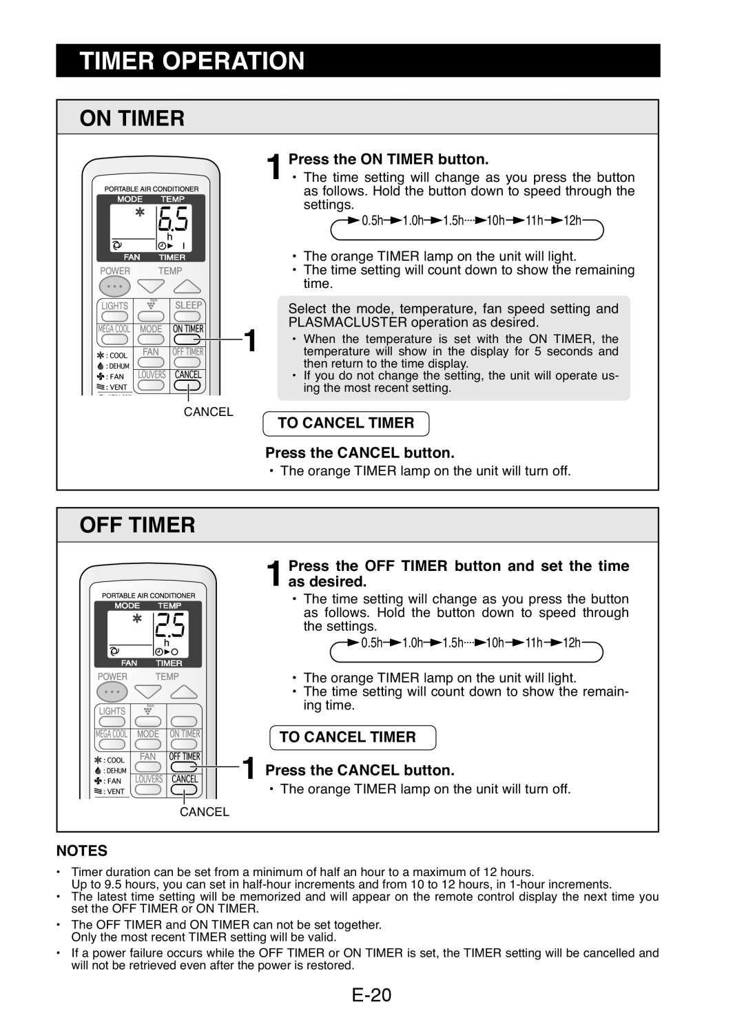 Sharp CV-P10LJ, CV-P13LJ operation manual Timer Operation, On Timer, Off Timer, E-20, Press the ON TIMER button 