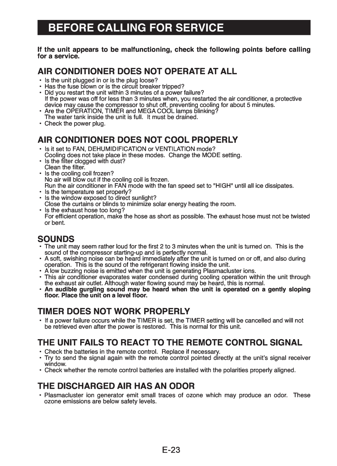 Sharp CV-P13LJ, CV-P10LJ operation manual Before Calling For Service, E-23, Air Conditioner Does Not Operate At All, Sounds 