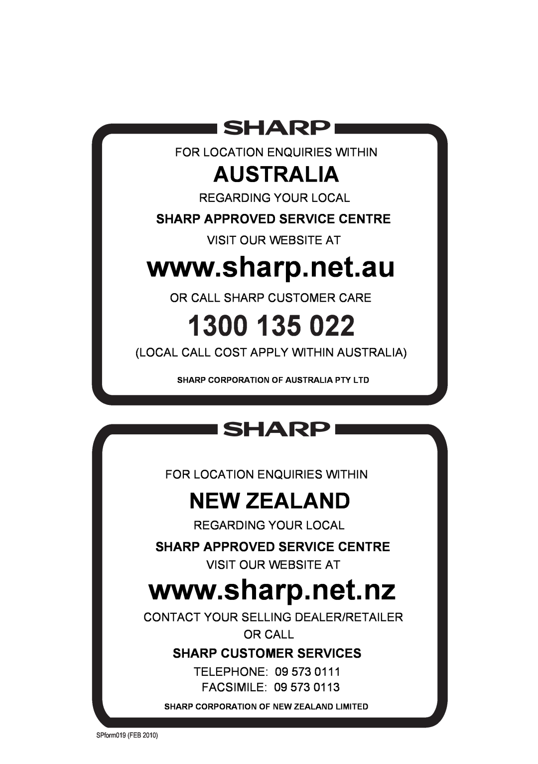 Sharp CV-P13LJ, CV-P10LJ 1300, Australia, New Zealand, Sharp Approved Service Centre, Sharp Customer Services 