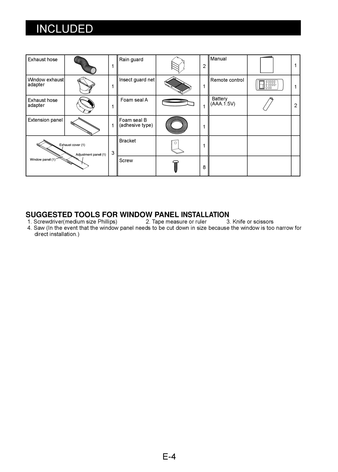 Sharp CV-P10LJ, CV-P13LJ operation manual Included, Suggested Tools For Window Panel Installation, Knife or scissors 