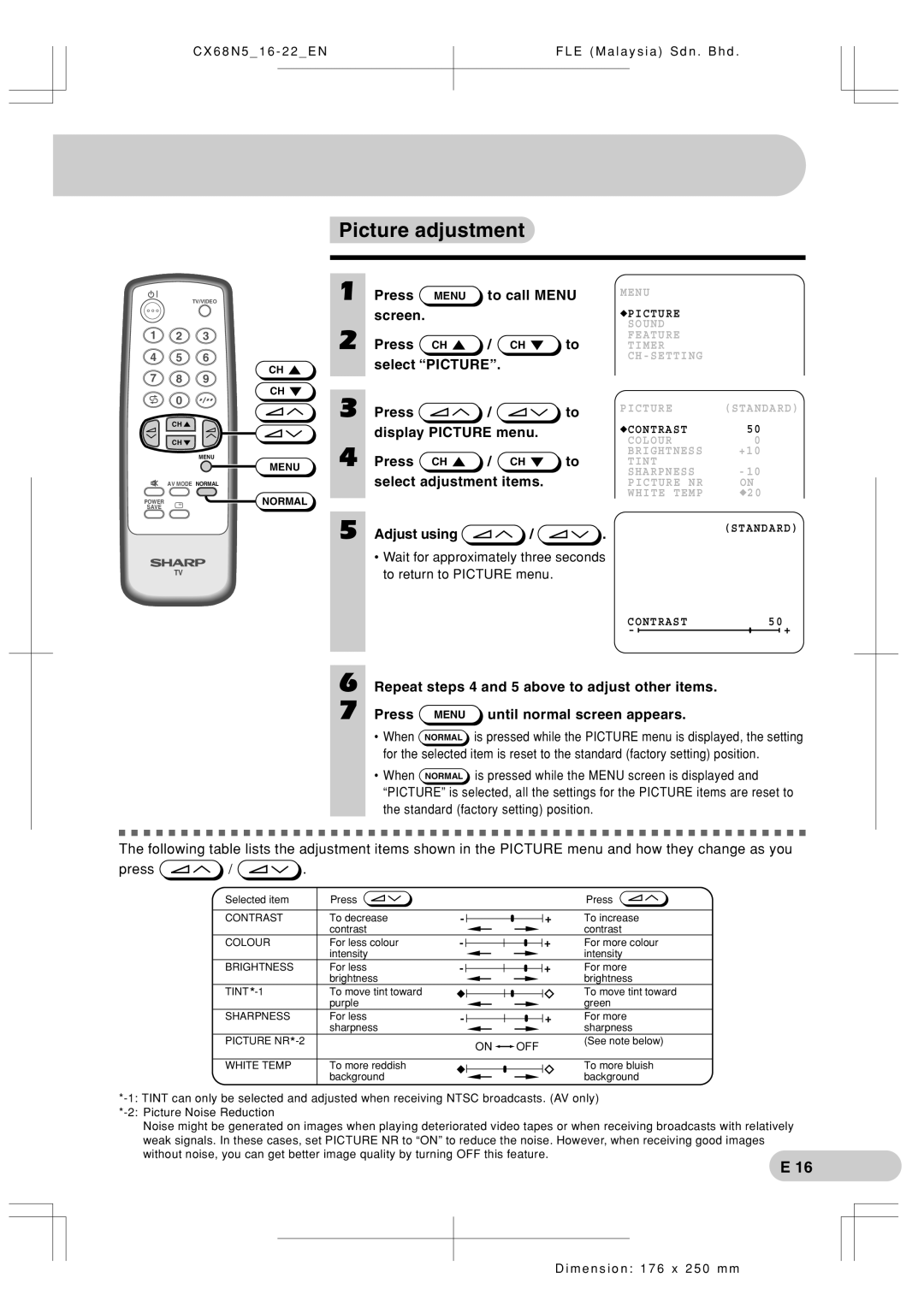 Sharp Cx68n5 operation manual Picture adjustment 