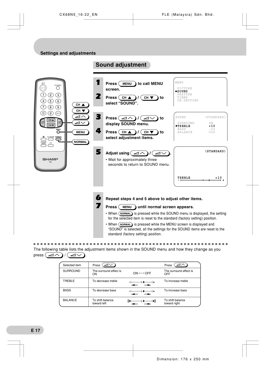 Sharp Cx68n5 operation manual Sound adjustment 