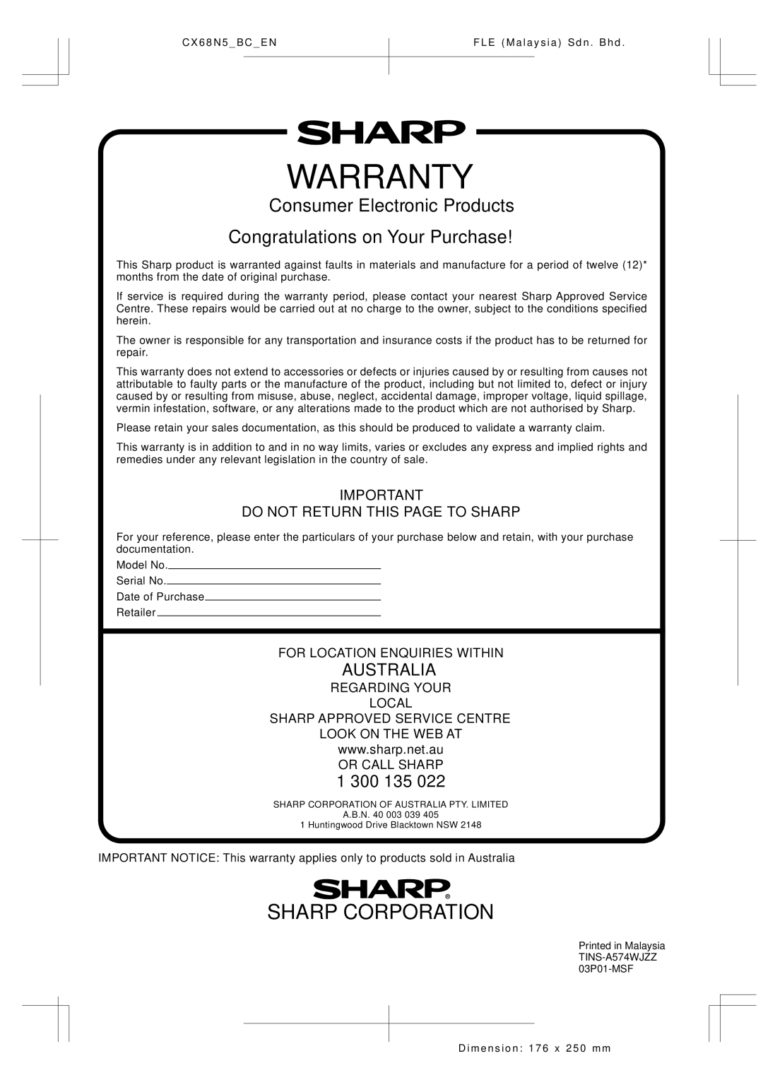 Sharp Cx68n5 operation manual Congratulations on Your Purchase, 300 135 