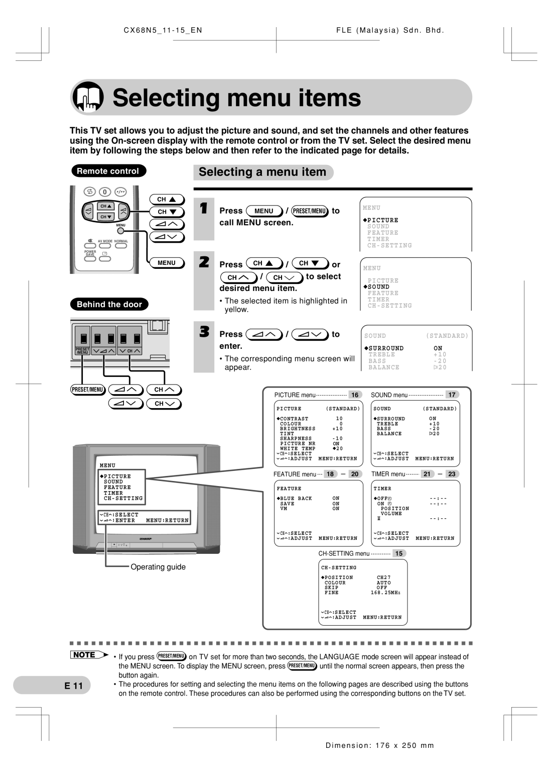 Sharp Cx68n5 operation manual Selecting menu items, Selecting a menu item, Remote control, Behind the door 