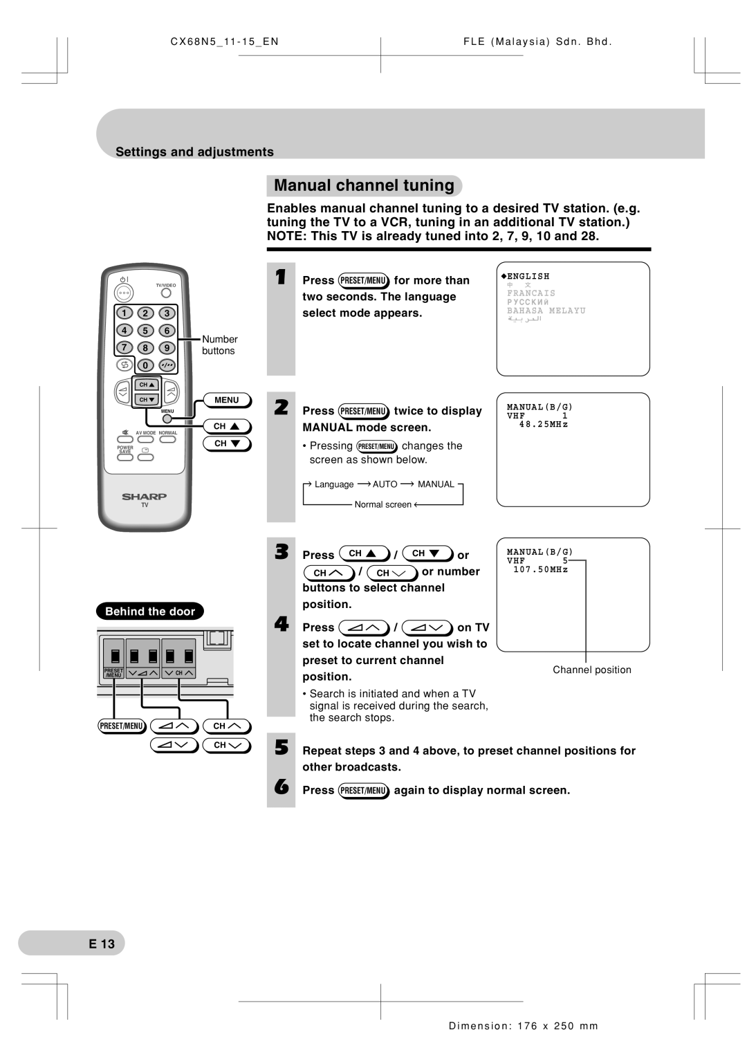 Sharp Cx68n5 operation manual Manual channel tuning, Settings and adjustments, Behind the door, Number, buttons 