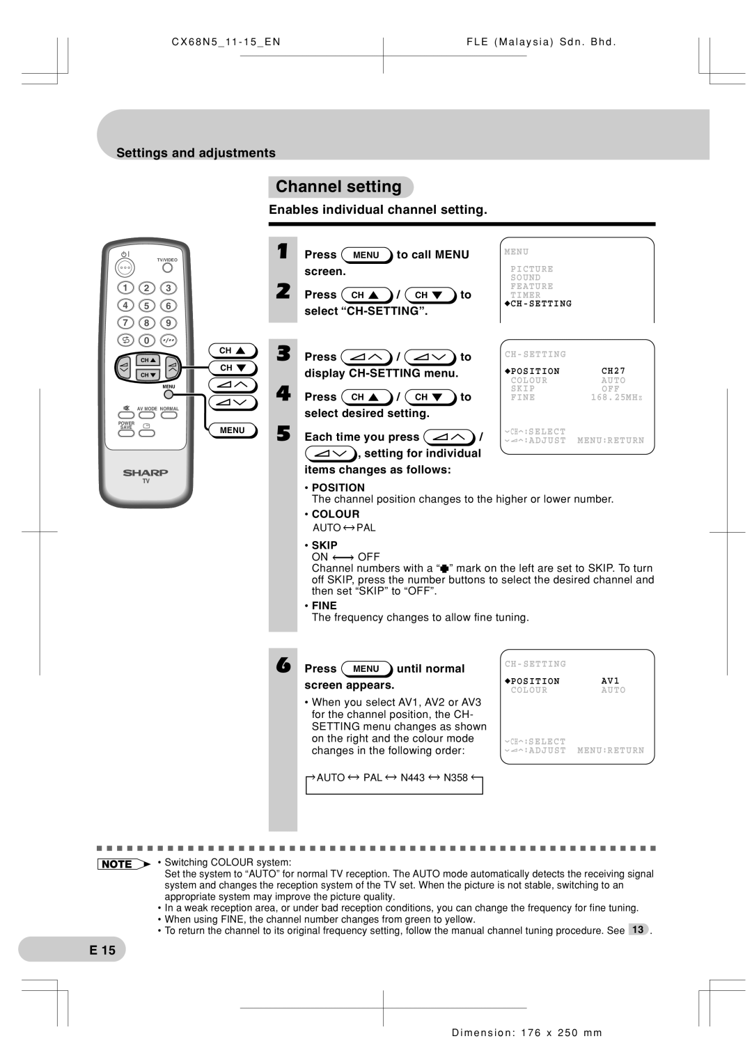 Sharp Cx68n5 Channel setting, Enables individual channel setting, Settings and adjustments, Ch-Setting, POSITION AV1 