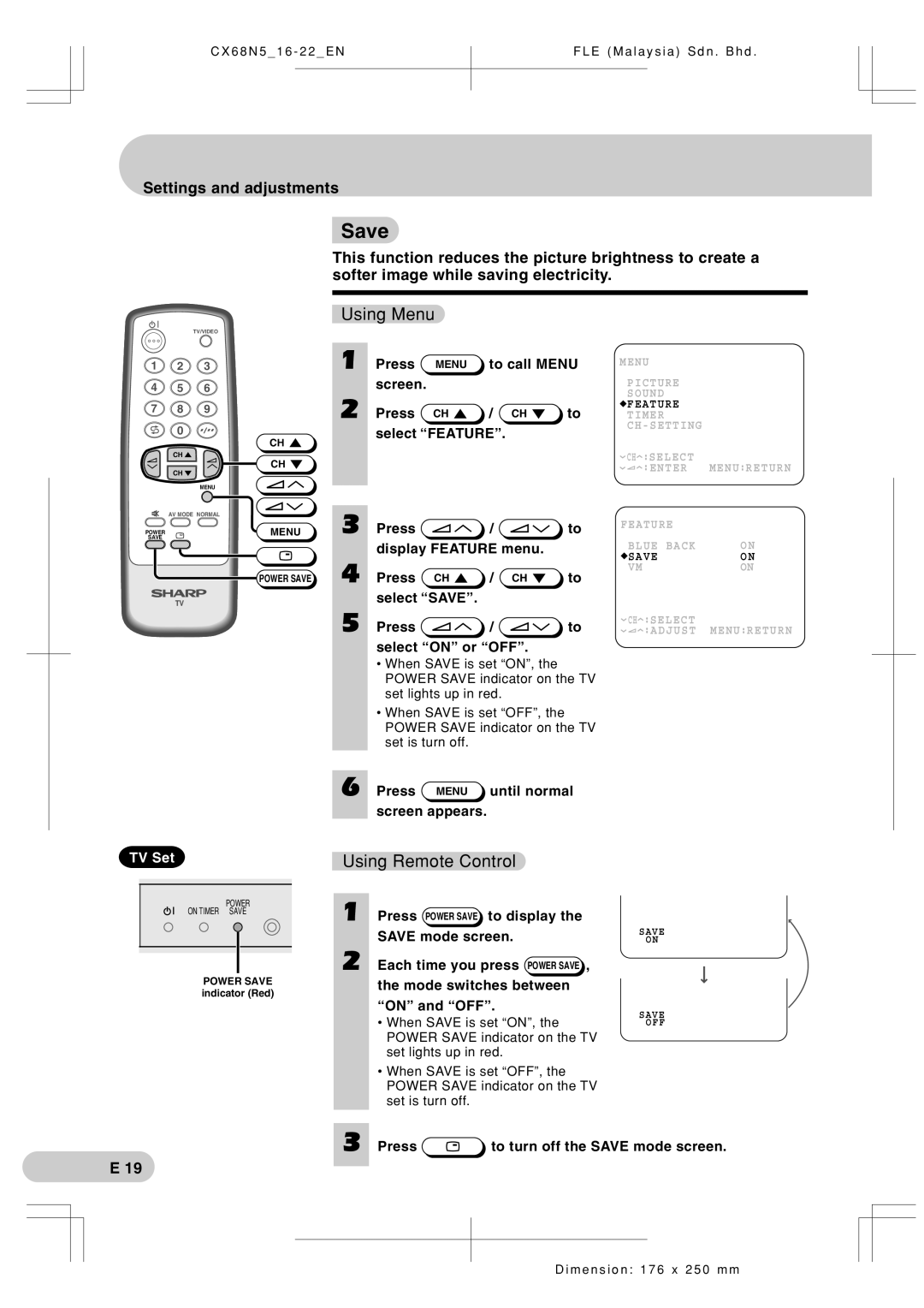 Sharp Cx68n5 operation manual Save, Using Menu, Using Remote Control, Settings and adjustments, TV Set 