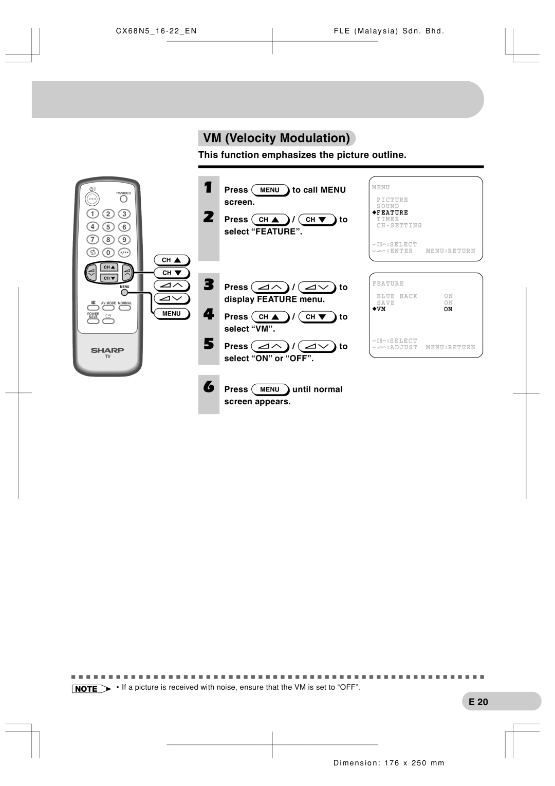 Sharp Cx68n5 operation manual VM Velocity Modulation, This function emphasizes the picture outline 