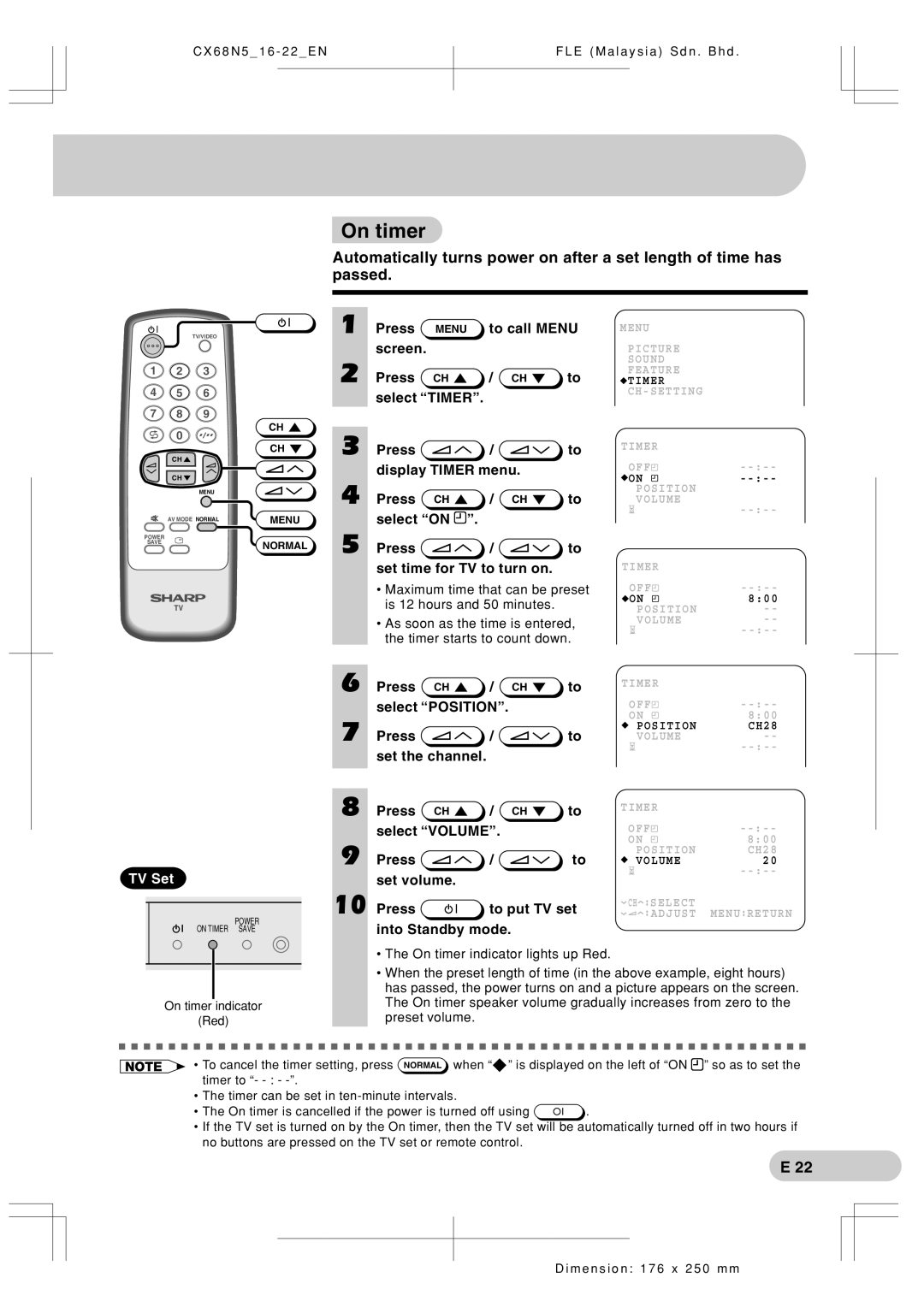 Sharp Cx68n5 operation manual On timer, Automatically turns power on after a set length of time has passed, TV Set 