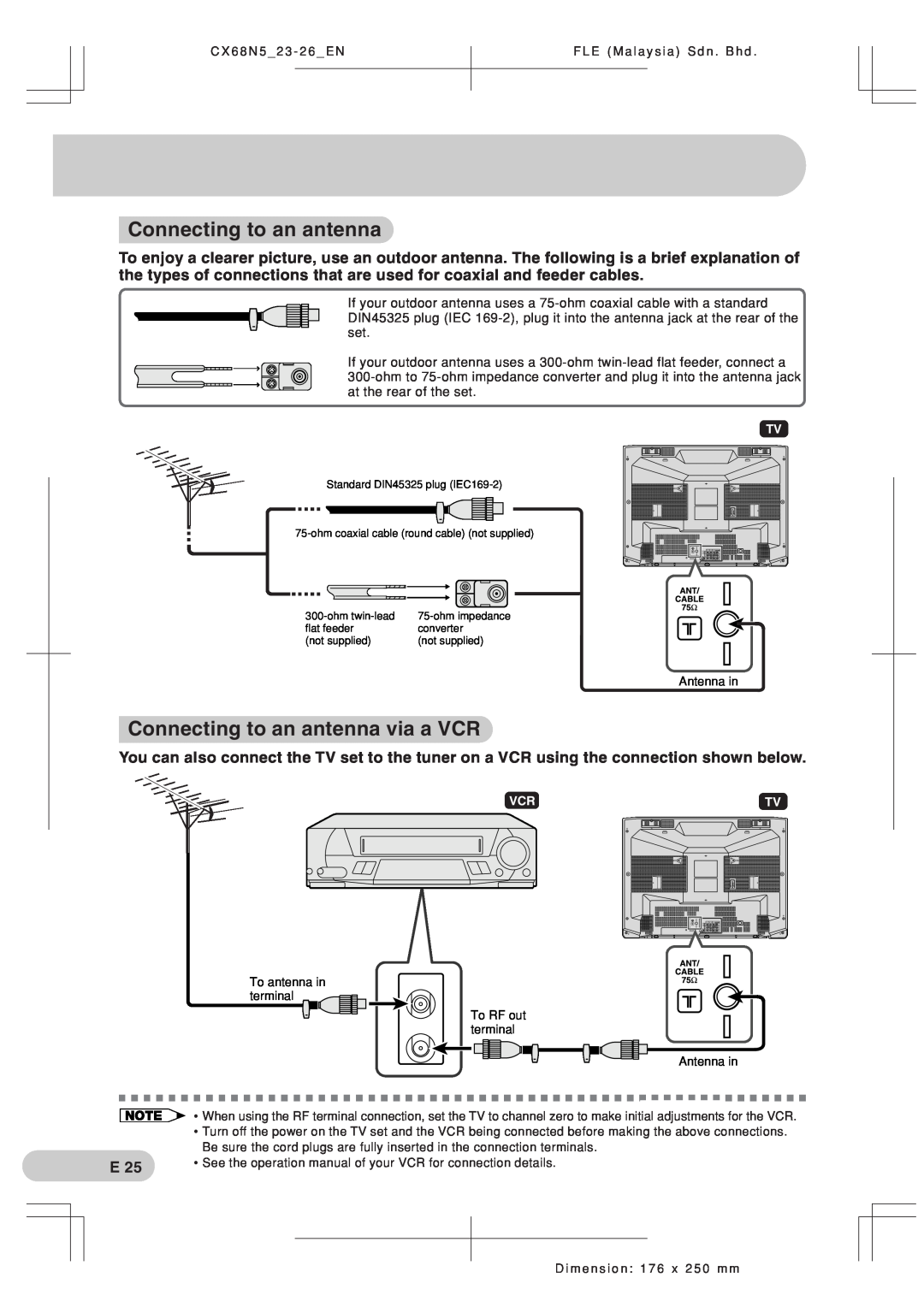 Sharp Cx68n5 operation manual Connecting to an antenna via a VCR 