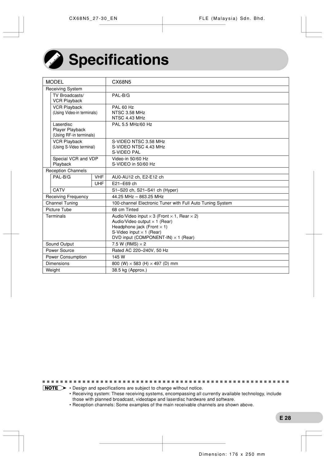 Sharp Cx68n5 operation manual Specifications, Model, CX68N5 