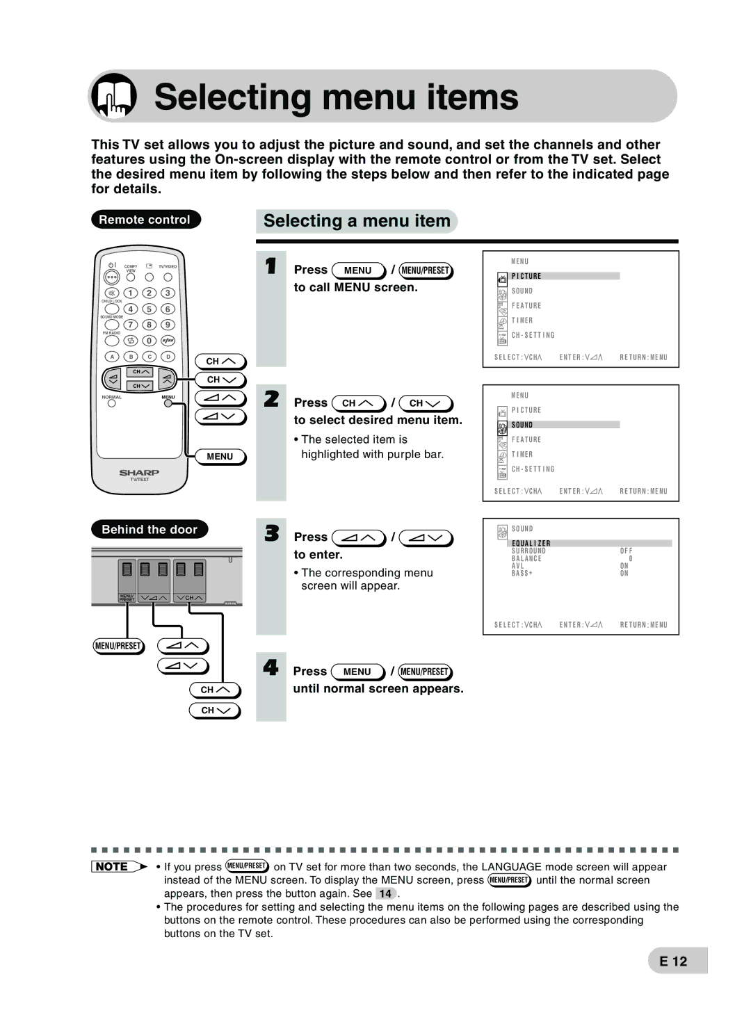 Sharp CX68RF5 operation manual Selecting menu items, Selecting a menu item, To enter, Until normal screen appears 