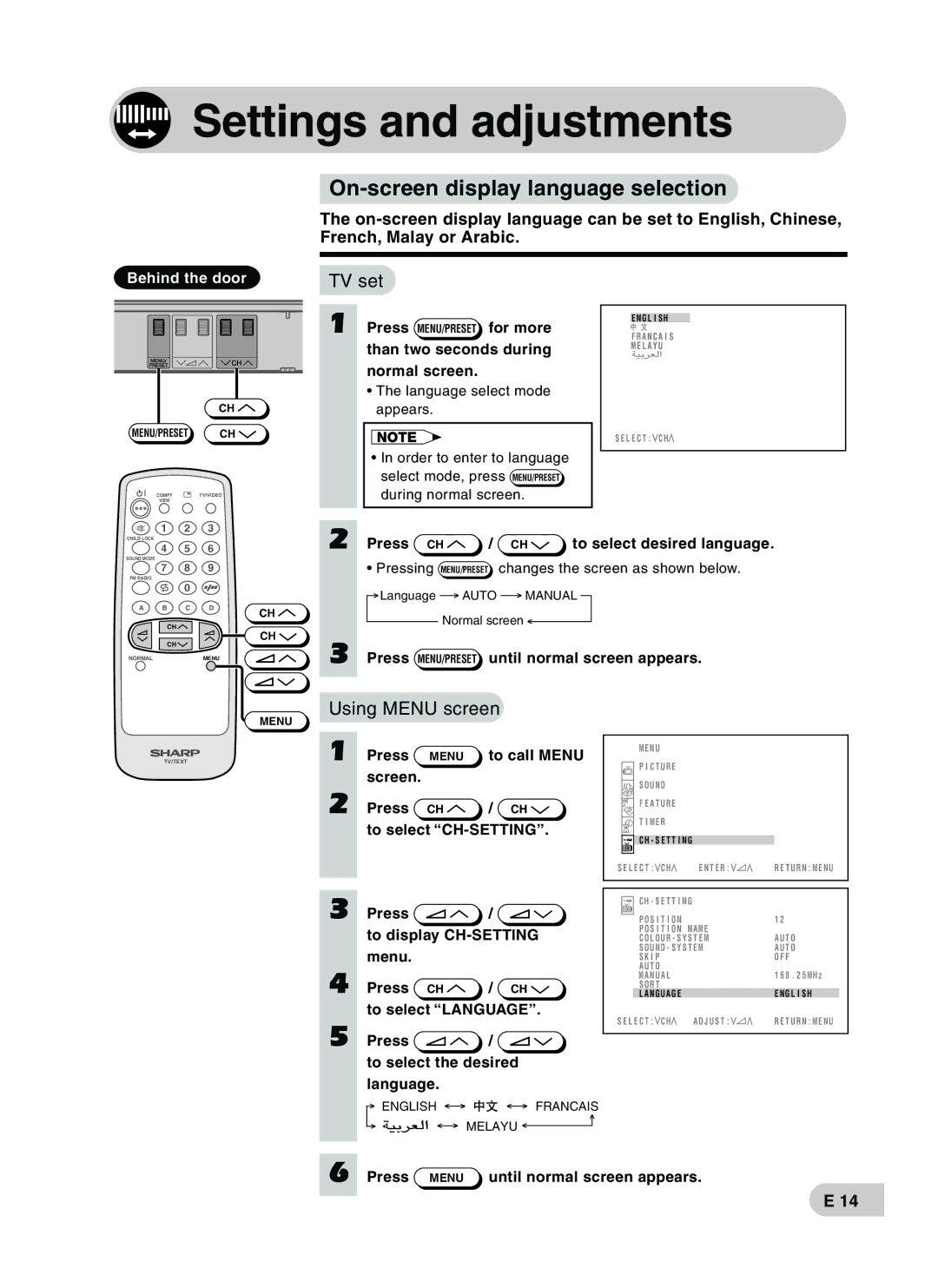 Sharp CX68RF5 operation manual Settings and adjustments, On-screen display language selection, Using Menu screen 