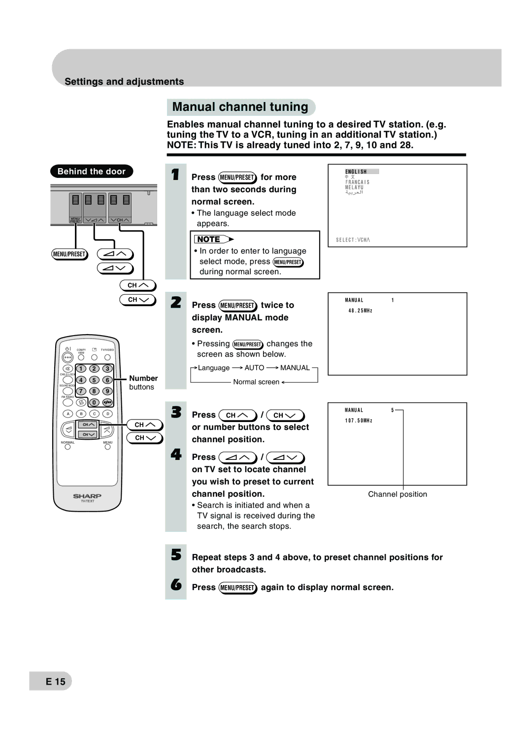 Sharp CX68RF5 operation manual Manual channel tuning, Press MENU/PRESET twice to Display Manual mode Screen 