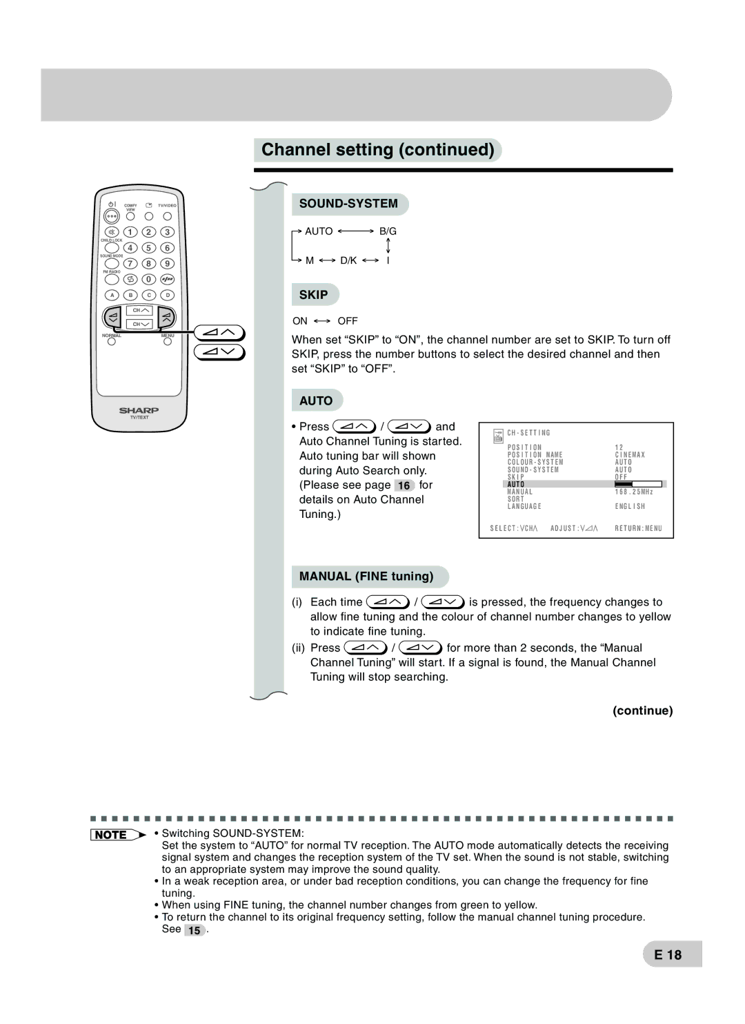 Sharp CX68RF5 operation manual Manual Fine tuning, Continue 