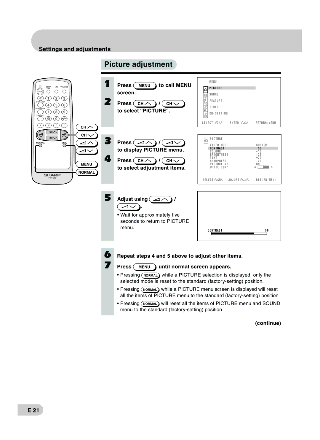 Sharp CX68RF5 operation manual Picture adjustment, Press 