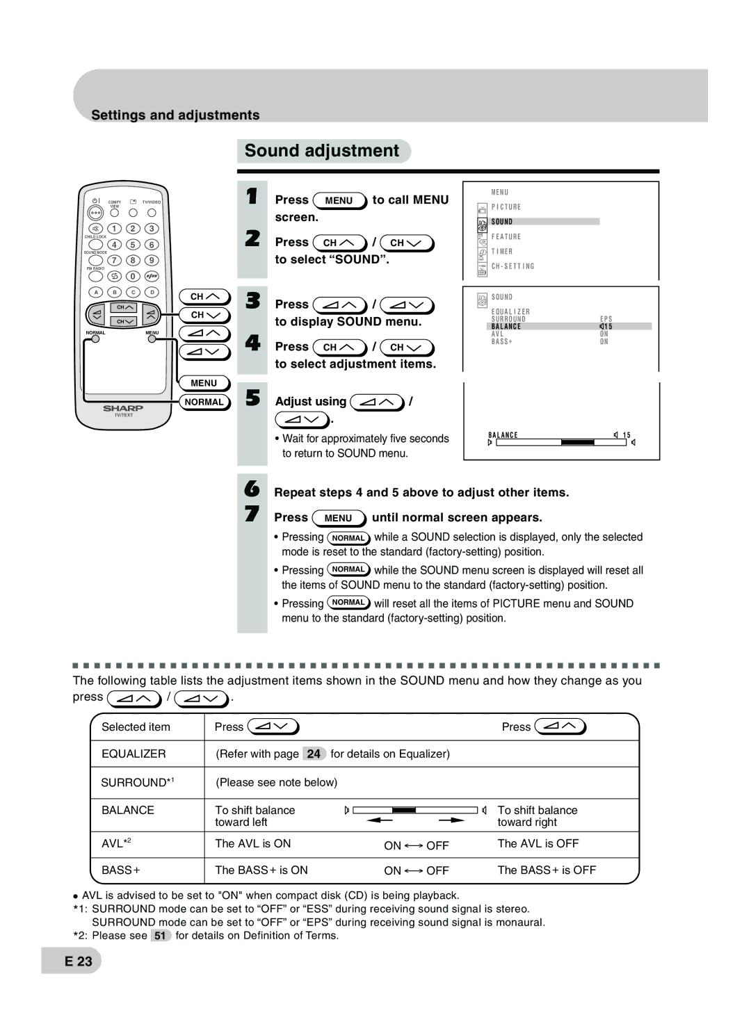 Sharp CX68RF5 operation manual Sound adjustment, Repeat steps 4 and 5 above to adjust other items 