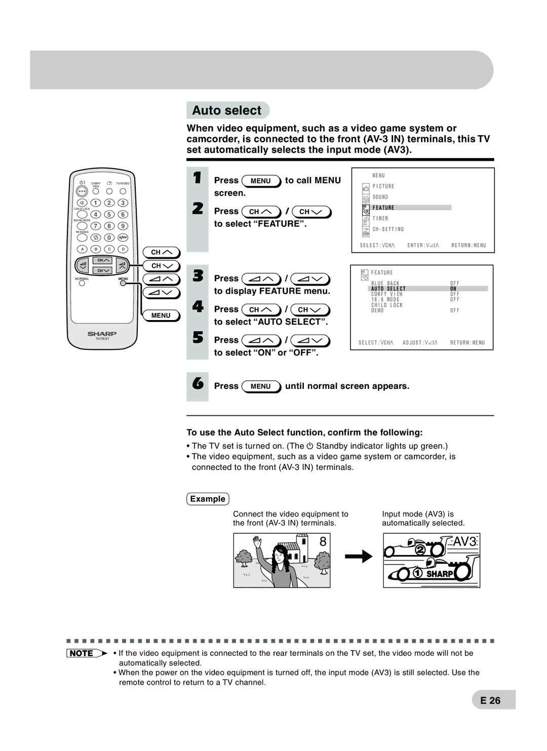 Sharp CX68RF5 Auto select, Screen Press To select Feature, Press CH / CH to select Auto Select To select on or OFF 