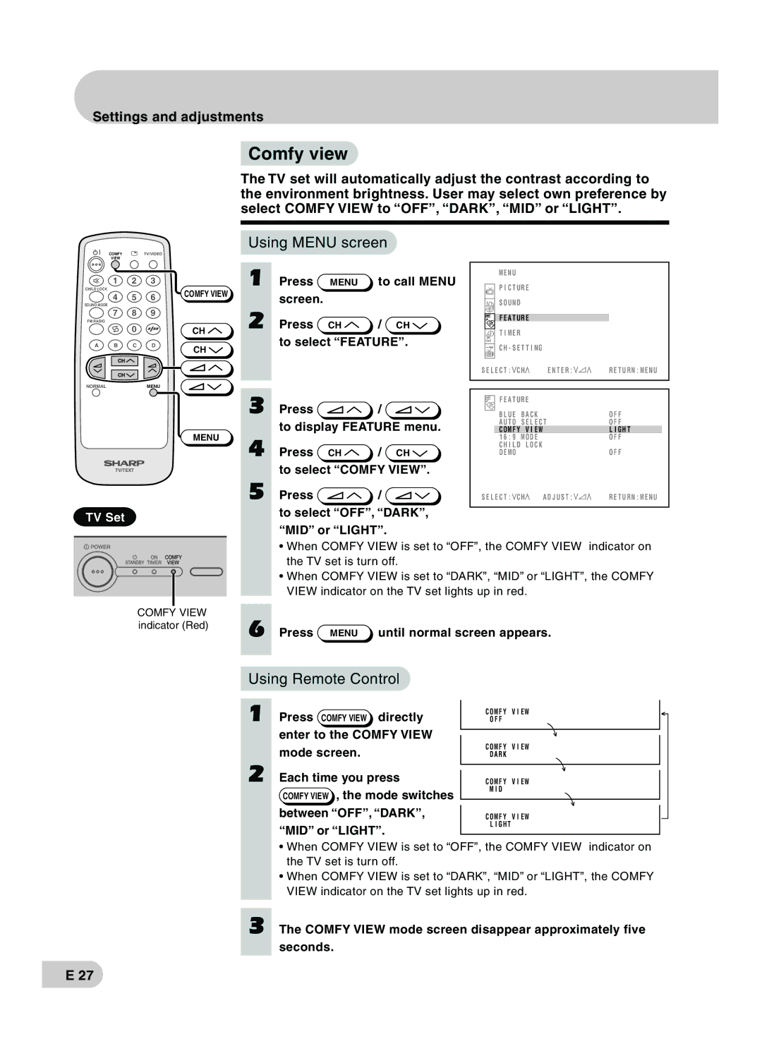 Sharp CX68RF5 Comfy view, Using Remote Control, Comfy View mode screen disappear approximately five Seconds 