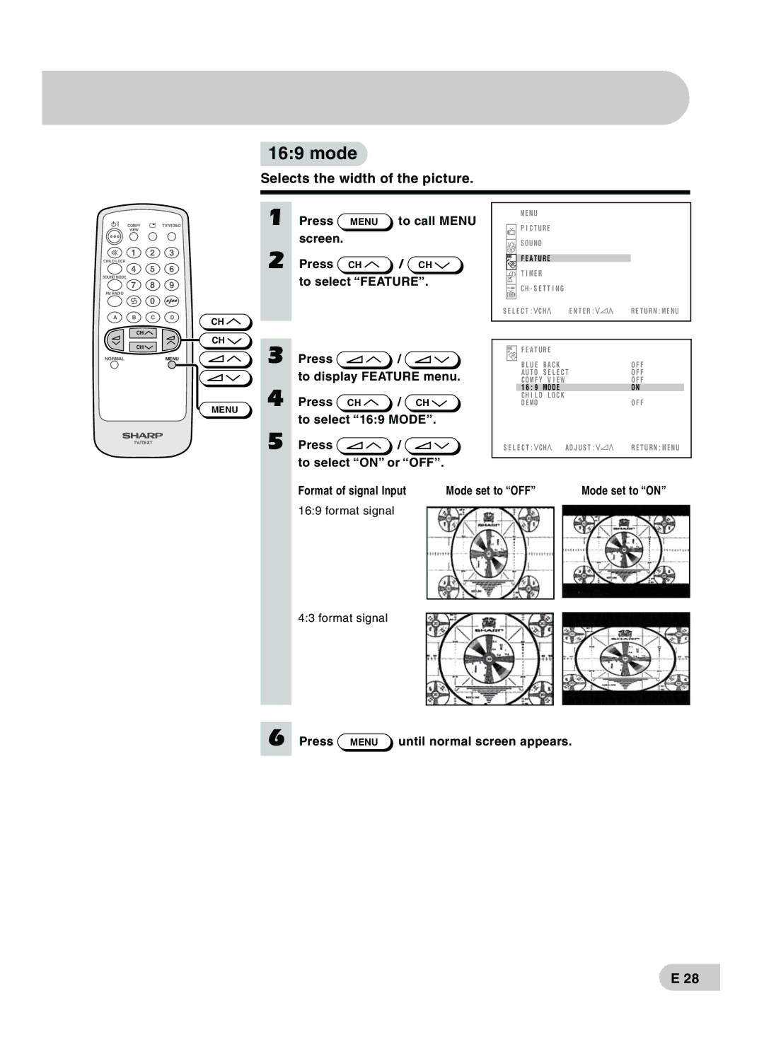 Sharp CX68RF5 operation manual Format of signal Input Mode set to OFF Mode set to on 