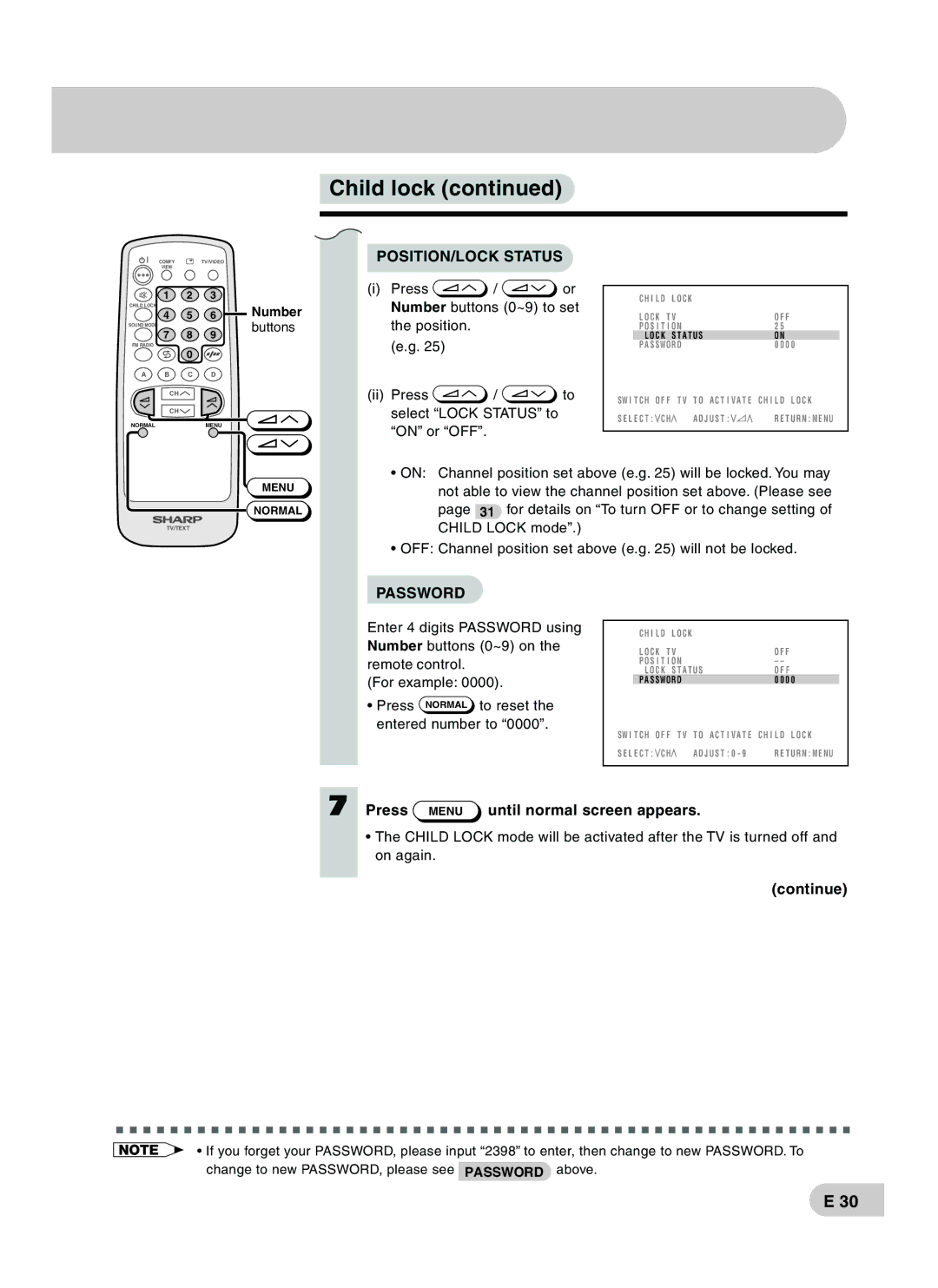 Sharp CX68RF5 operation manual POSITION/LOCK Status 